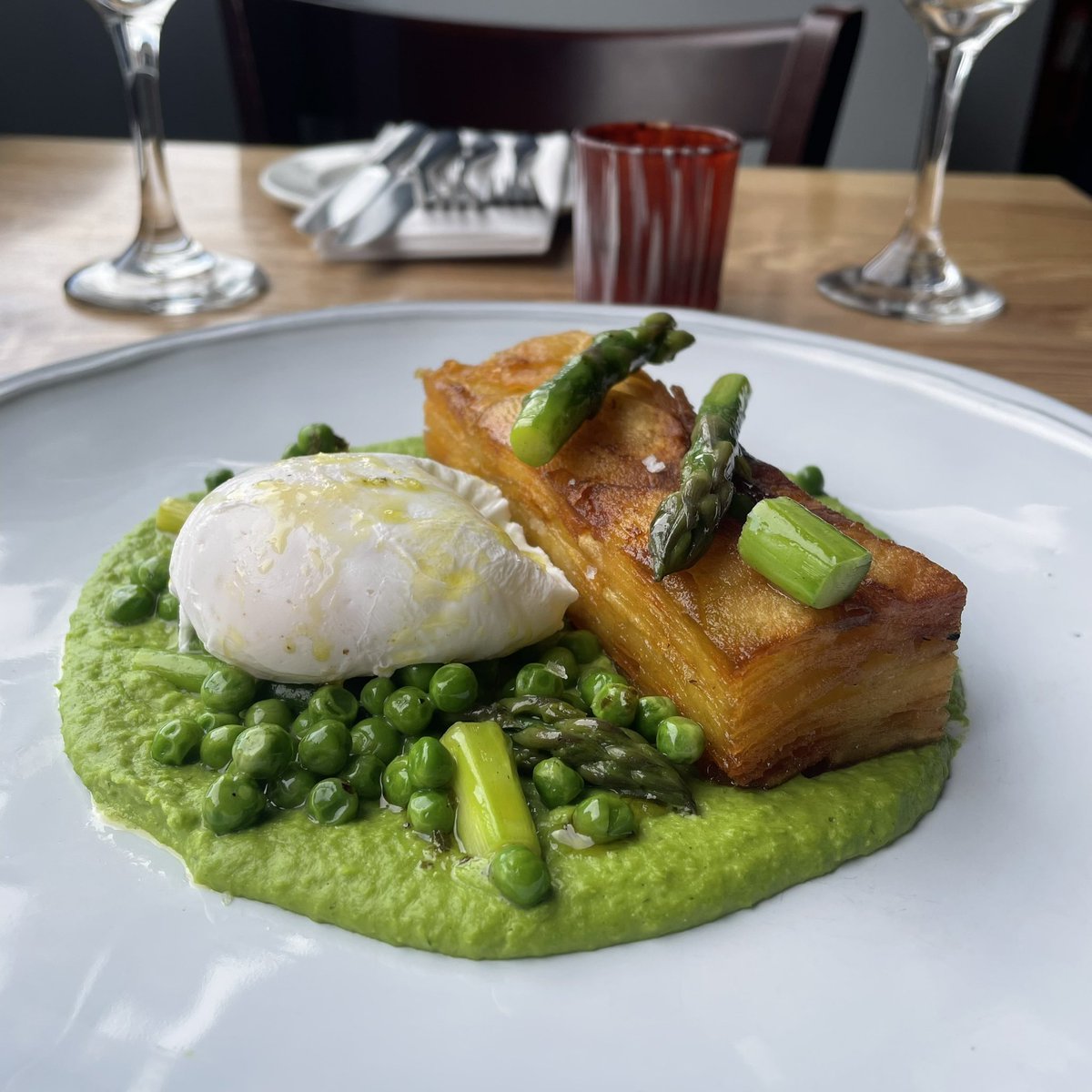 FirstCoast1's tweet image. Confit potato latkes, poached egg, peas &amp;amp; asparagus new on the menu