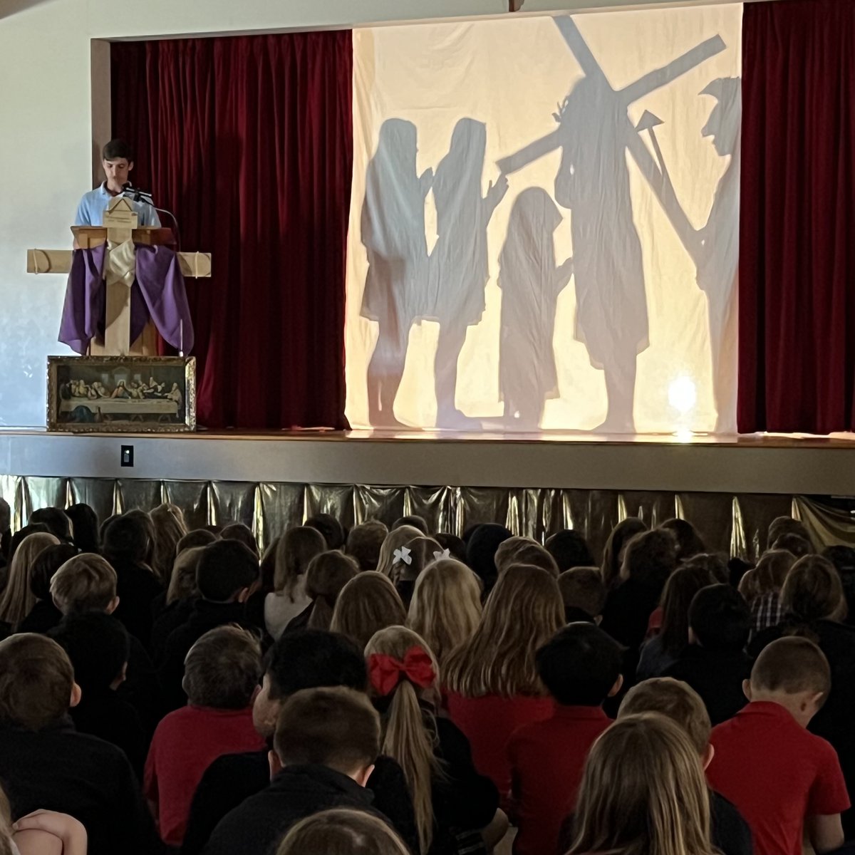 allsaintsba's tweet photo. Our 8th graders presented the Shadow Stations of the Cross for the whole school today. #Catholicfaithcommunity https://t.co/FTjnB0EcIg