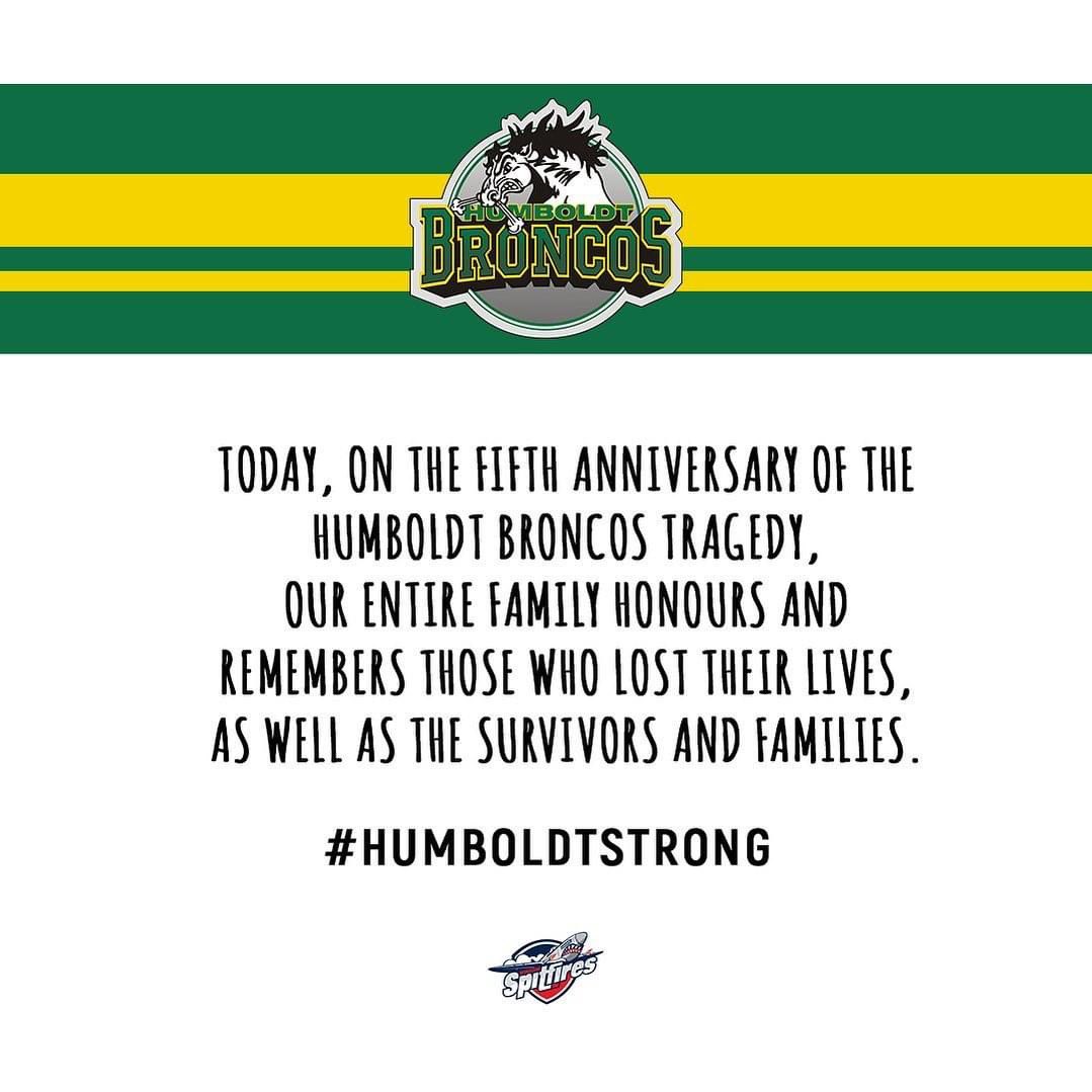 SpitsHockey's tweet photo. Today, on the fifth anniversary of the Humboldt Broncos tragedy, our entire family honours and remembers those who lost their lives, as well as the survivors and families.❤️💚💛 #humboltstrong https://t.co/CHAiFSIIGO
