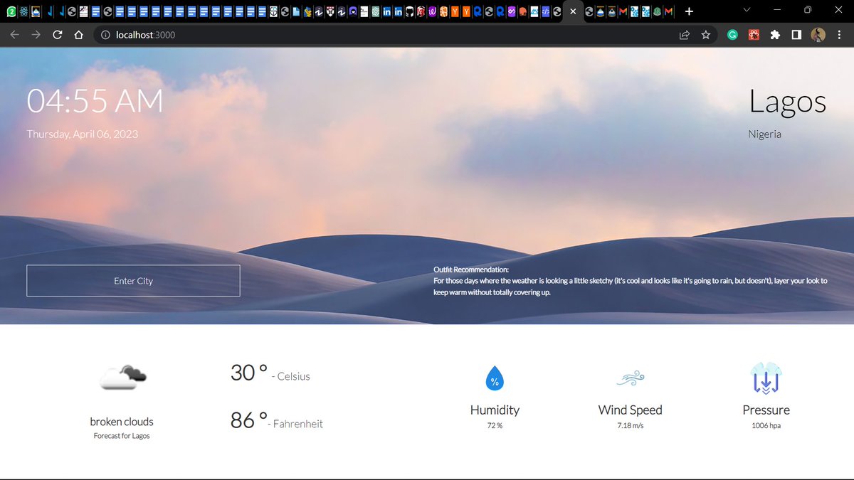Danibholie's tweet image. After a long break, I decided to add an outfit recommendation to my react weather app.
It gives you suggestions of what to wear based on the weather forecast.

#100DaysOfCode #javscript #reactjs #CodeNewbie #react #webdevelopment #FrontEnd