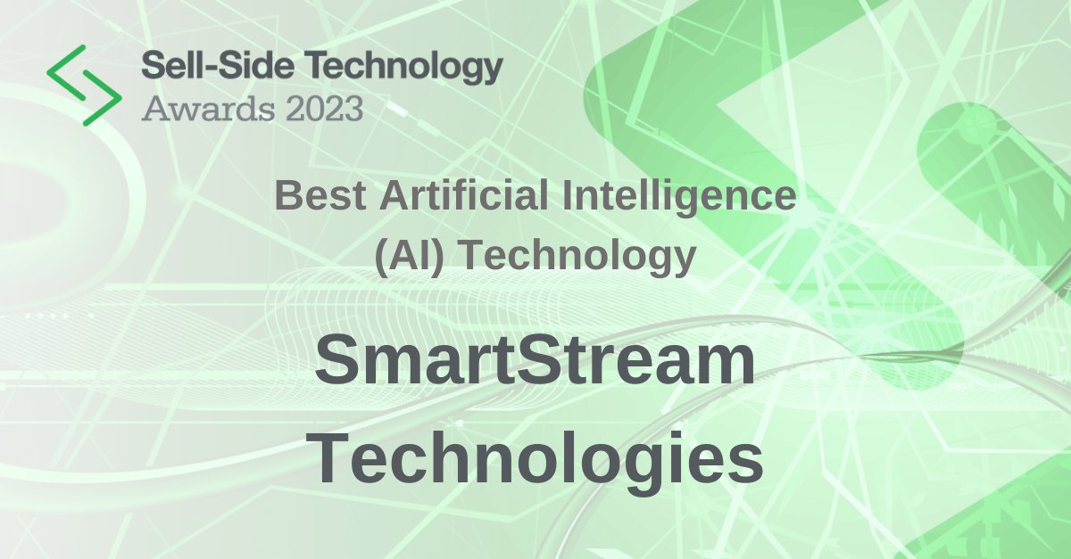 WatersTech's tweet photo. Congratulations to @SmartStream_STP for winning best artificial intelligence (AI) technology. View the full list of winners here: https://t.co/FfImLKtcVa #SSTAwards2023 #WatersTech #Sellside #FinTech https://t.co/wVotz0JEQ2