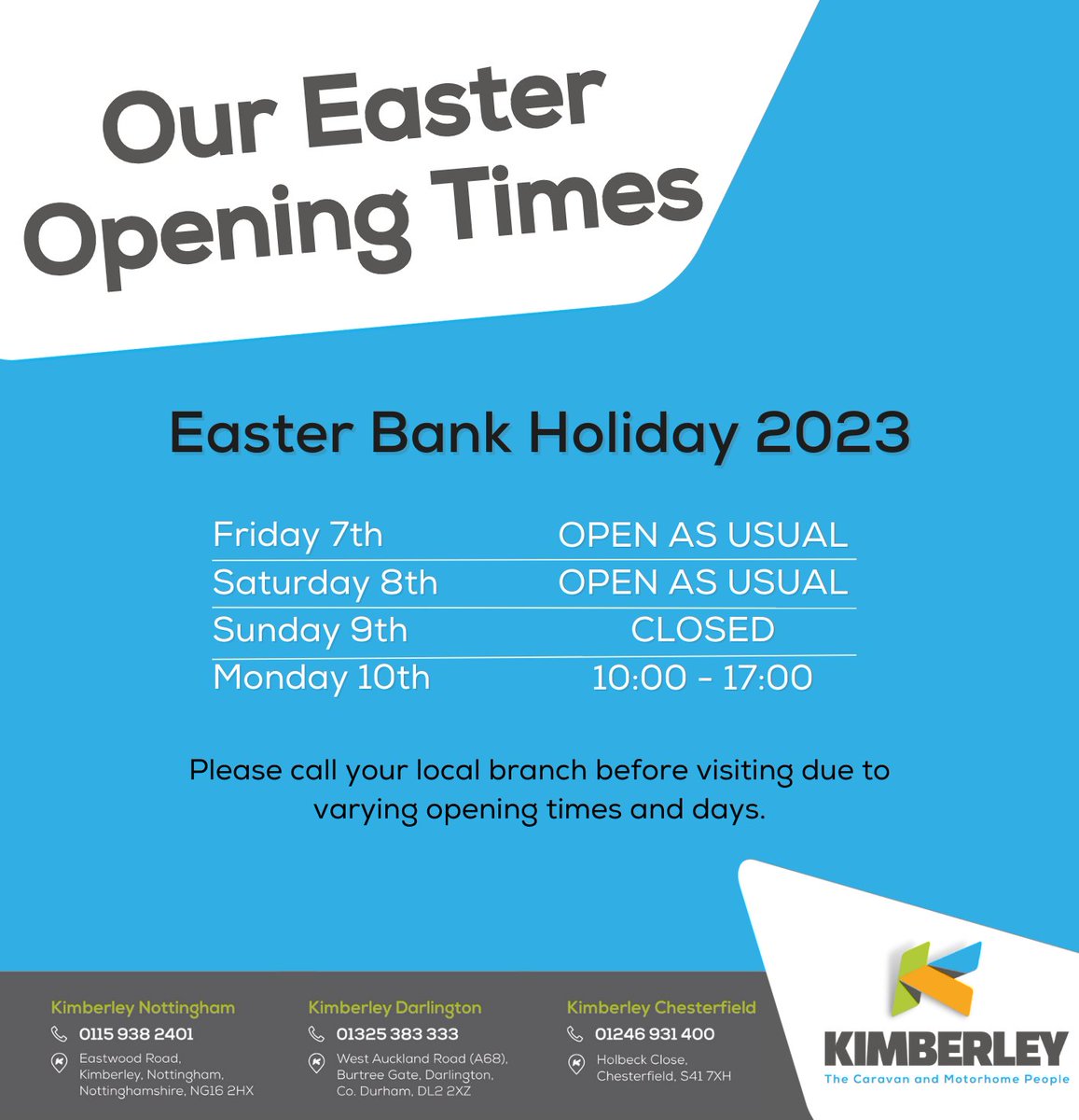 🐣Easter Opening Times!

Over the weekend our operating hours will be changing slightly to accommodate the bank holiday.
Please call your local branch before you visit as there may be some variations in the times for each branch.

We hope you have a lovely Easter weekend!🏵️