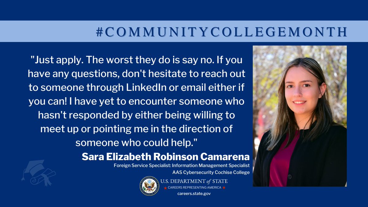 DOS Careers (@doscareers) on Twitter photo Information Management Specialist Sara Camarena found #community through the <a href="/StateDept/">Department of State</a>'s many #employeeorganizations, connecting her to colleagues with similar #backgrounds and #experiences.
@StateDept@StateDept_IRM@FAITFellowship #MexicanAmerican #FirstGen #communitycollege Information Management Specialist Sara Camarena found #community through the <a href="/StateDept/">Department of State</a>'s many #employeeorganizations, connecting her to colleagues with similar #backgrounds and #experiences.
@StateDept@StateDept_IRM@FAITFellowship #MexicanAmerican #FirstGen #communitycollege