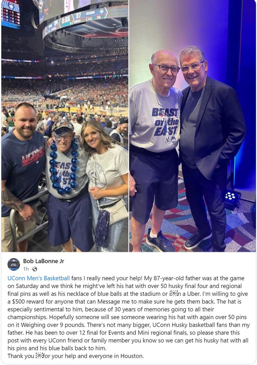 UConn nation: 

If there’s one thing I know about you: you’re crazy. 

And if there’s one fan base that can locate this guy’s hat, I know it’s you. 

There is a $500 reward for finding the hat!