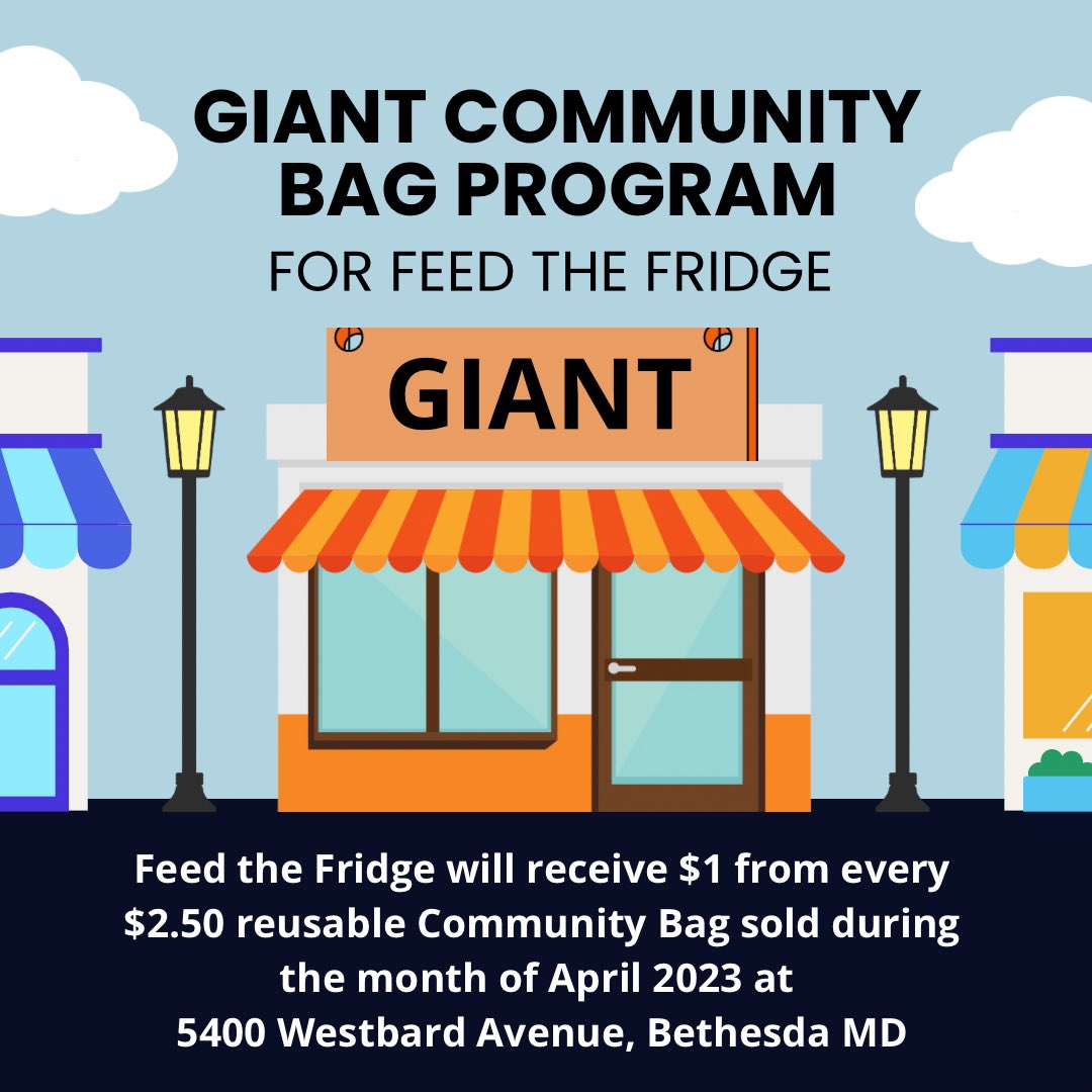 GIANT SHOPPERS! We have an exciting way for you to help Feed the Fridge! For the month of April, Feed the Fridge will receive $1 for every community bag sold at Giant on Westbard Avenue in Bethesda. This is a fantastic way to support Feed the Fridge & the environment. @GiantFood