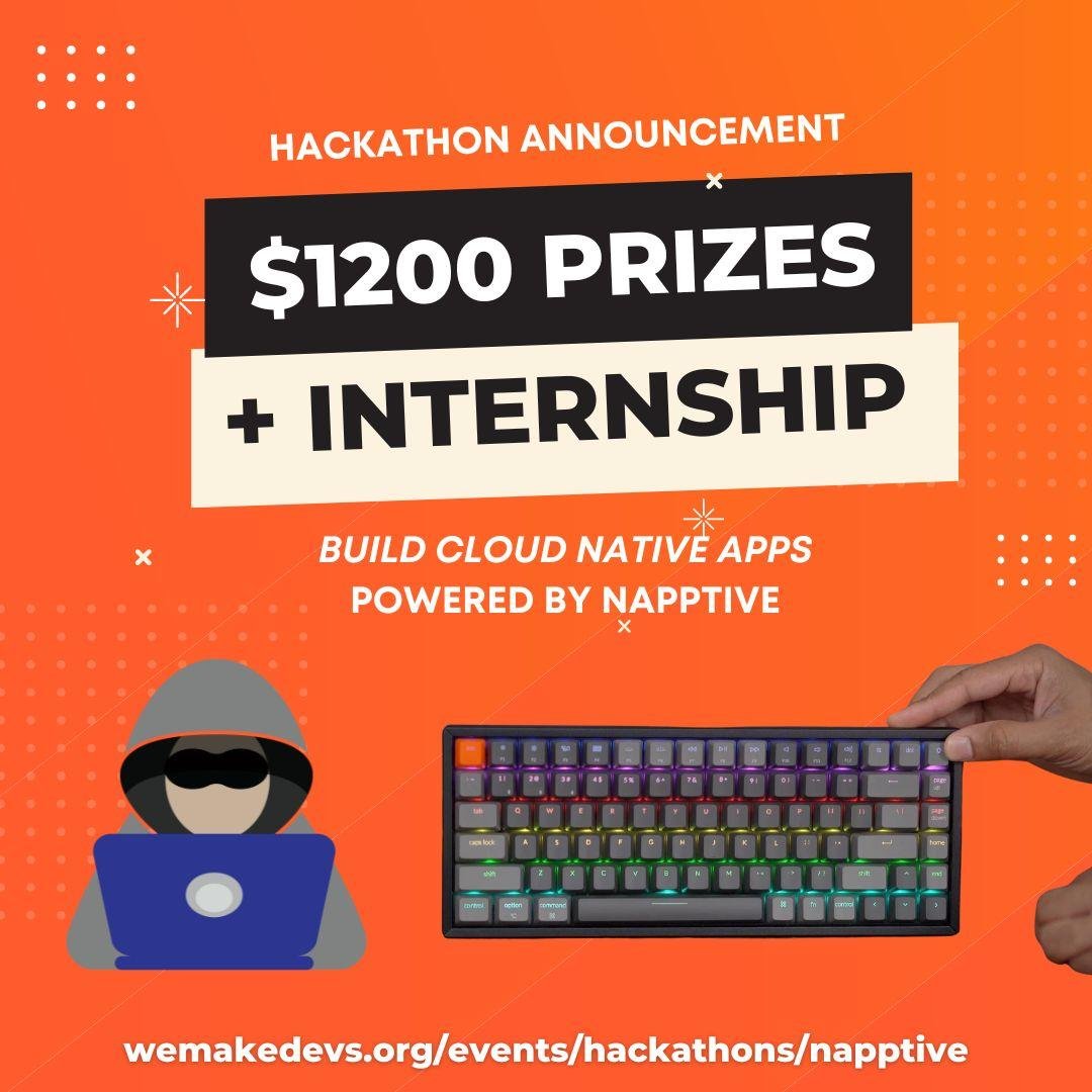 NapptiveCompany's tweet photo. ICYMI Join hundreds of devs already taking part in the Cloud Native #Hackathon by @NapptiveCompany and @WeMakeDevs and win prizes worth $1200. Check out the announcement video 📷 https://t.co/GFY1uD5Ibc #Kubernetes #CloudNative https://t.co/jJaSiYnN0k