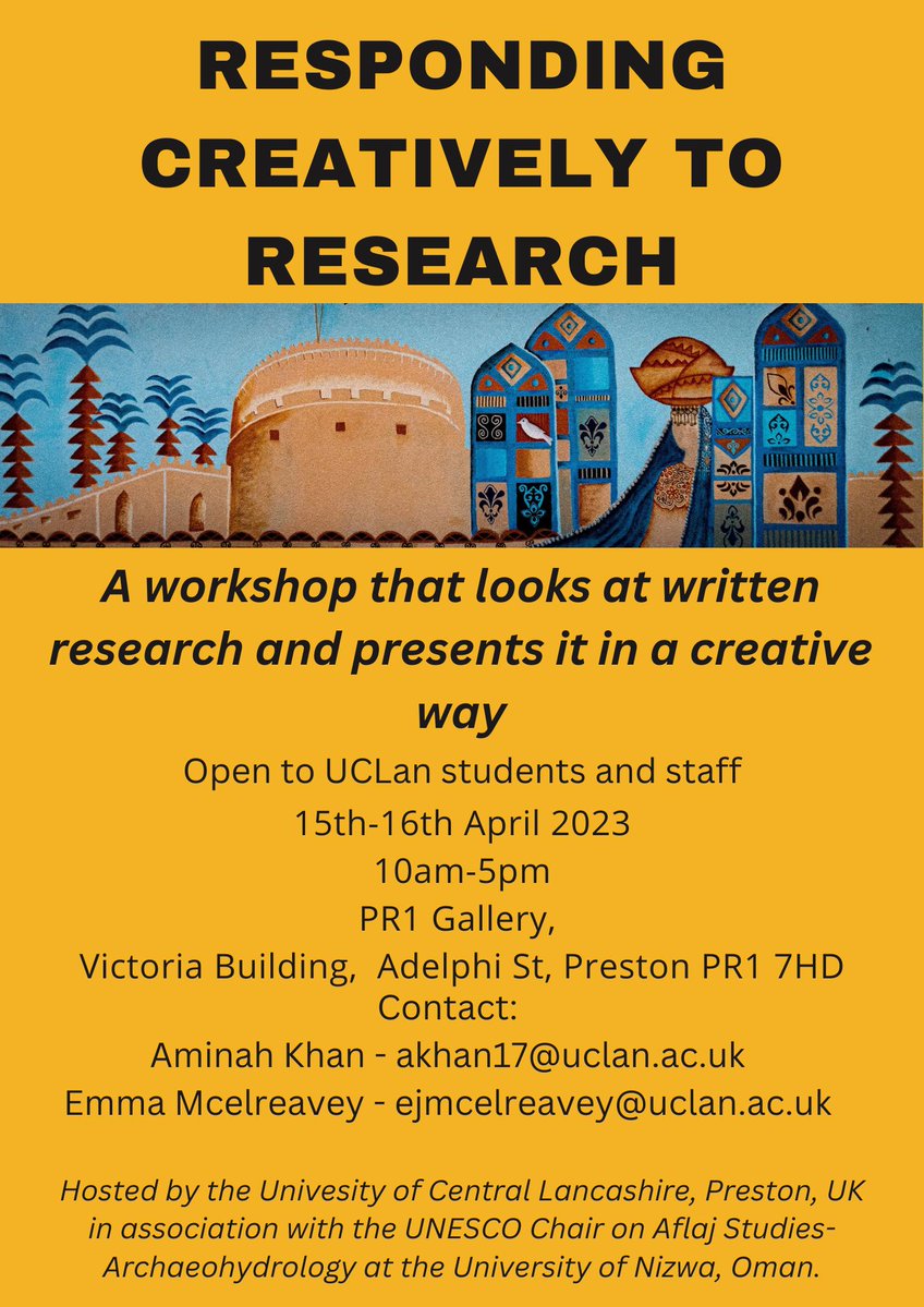 WorldwiseCentre's tweet photo. Are you interested in expressing yourself creatively? Do you want to learn more about the traditions, culture, and heritage of #Oman? Well, here's your chance!
Excited to share this creative workshop by Aminah Khan @KhanAflaj @UCLanLGS in #PR1Gallery @UCLan on 15-16 April. https://t.co/TX9ju0dflY