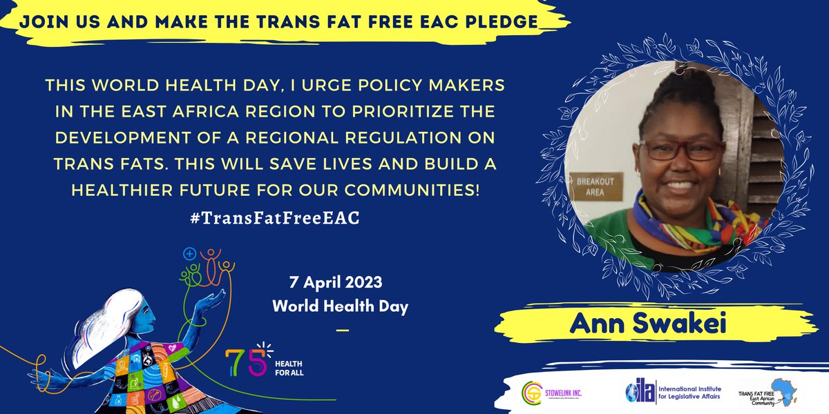 IILAinfo's tweet photo. The impact of trans fats on our health cannot be ignored. Join @AnneSwakei &amp; other health advocates in urging our @jumuiya leaders to prioritize the health and wellbeing of East Africans by developing a regional regulation on trans fats.
.
.
. 

#TransFatFreeEAC #WorldHealthDay https://t.co/iilctY72IB