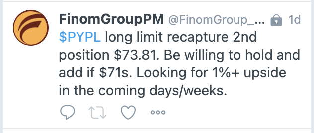 SethCL's tweet image. And another one...

Another strong #Paypal trade!    $PYPL long from $73.81 sold $74.61.

You can trade with us at finomgroup.com.     

$SPY $TQQQ $NDX $AAPL $AMZN
