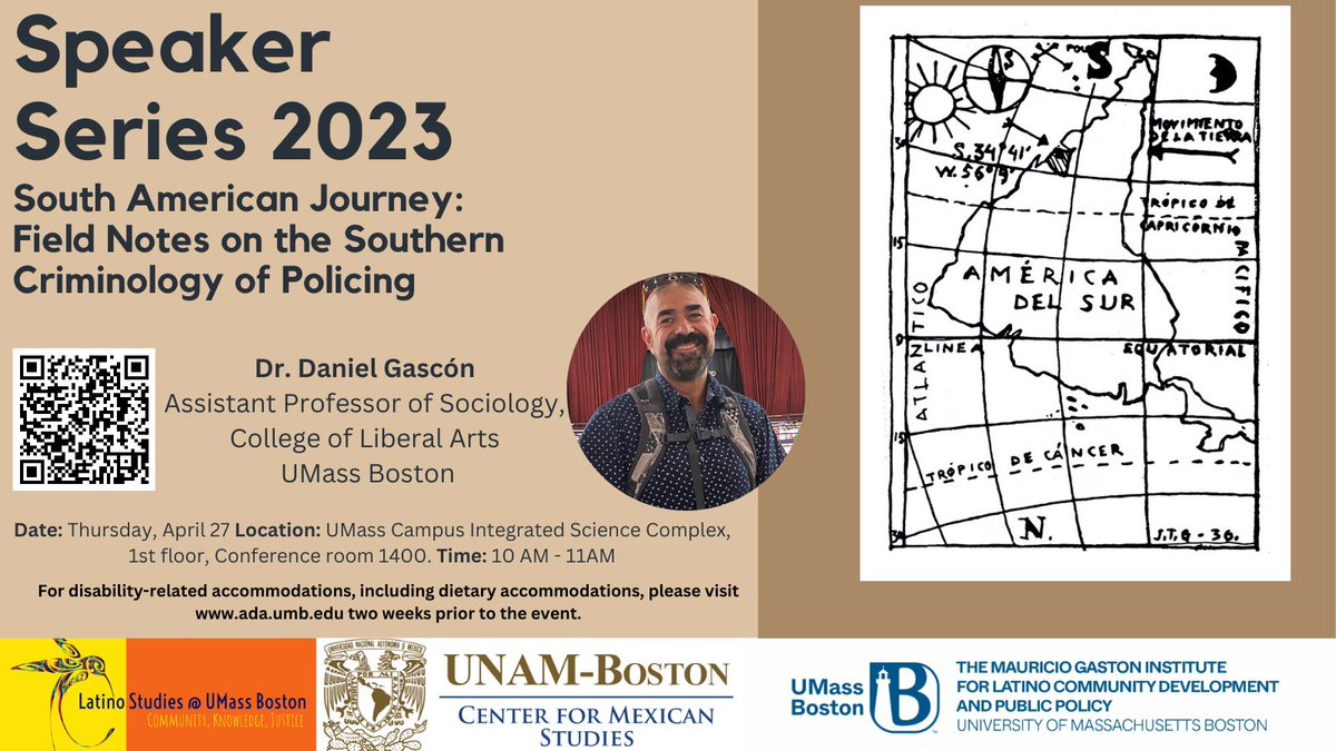 Our next Speaker Series event: “South American Journey: Field Notes on the Southern Criminology of Policing” is Thurs. April 27th in UMass Campus Integrated Science Complex, 1st floor conference room!
Or join online: umassboston.zoom.us/webinar/regist…