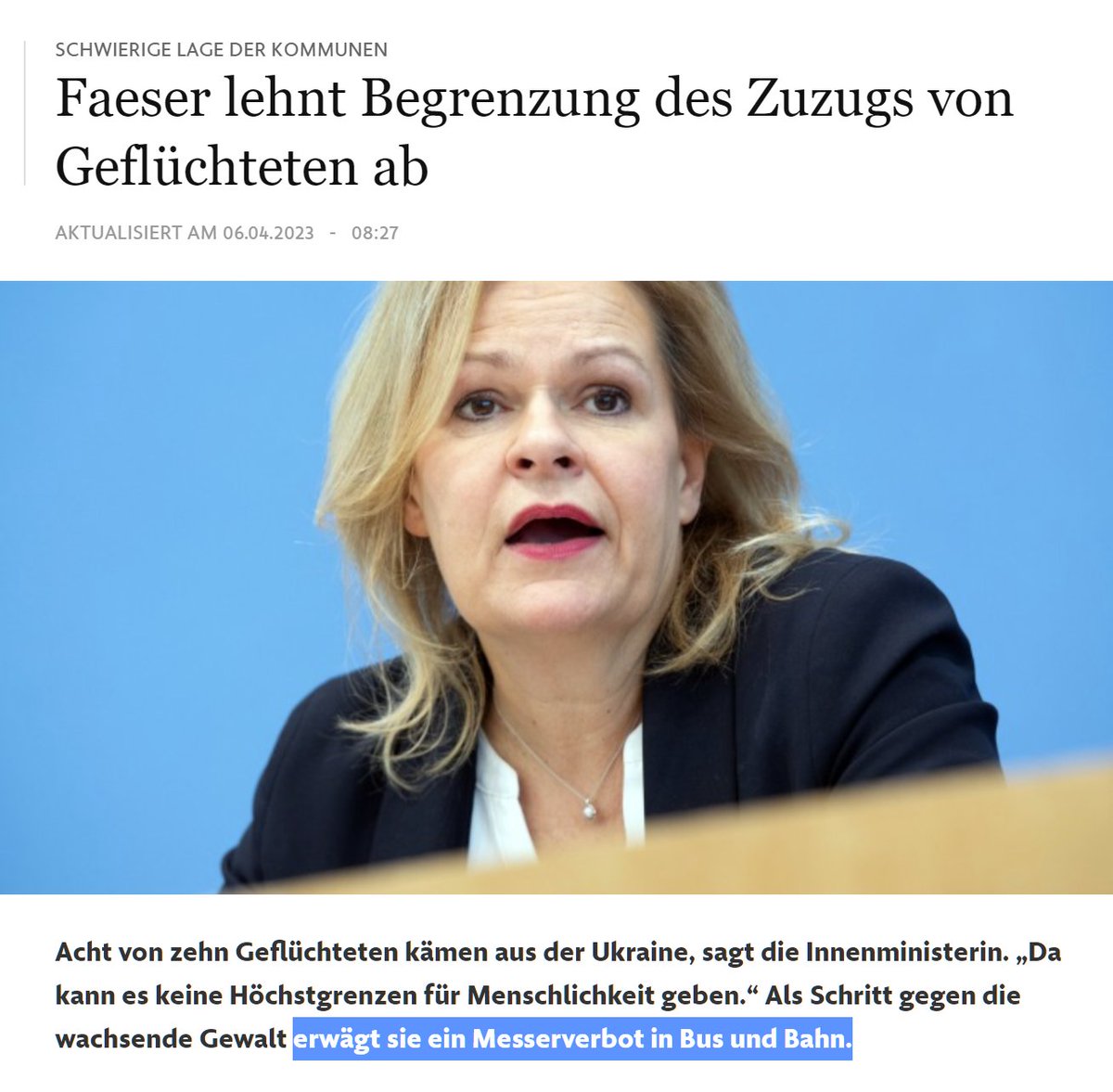 maxmueller13290's tweet image. Nancy #Faeser will unkontrollierte Migration &amp;amp; Straftaten durch ein Messerverbot in den Griff kriegen.
Viel sinnvoller: Ein #Faeserverbot fürs Innenministerium