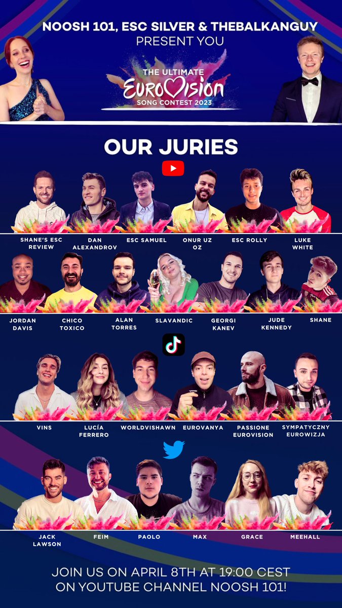 TheBalkanGuy (@thebalkanguy) on Twitter photo PROUD TO ANNOUNCE THE JURIES OF THE ULTIMATE EUROVISION 2023 ORGANISED BY <a href="/Noosh101/">Noosh Berberian</a>, <a href="/esc_silverr/">silver 🦅</a>, and I 🤍
All are absolutely amazing, especially our lovely twitter jurors: <a href="/jackhlawson/">Jack Lawson</a>, <a href="/FeimM_/">FE!M</a>, @andrxomache, @m2003esc, <a href="/grace_is_sugoi/">Grace 🦄💐🍉</a>, and @saoasflores
Catch the premiere🤍 PROUD TO ANNOUNCE THE JURIES OF THE ULTIMATE EUROVISION 2023 ORGANISED BY <a href="/Noosh101/">Noosh Berberian</a>, <a href="/esc_silverr/">silver 🦅</a>, and I 🤍
All are absolutely amazing, especially our lovely twitter jurors: <a href="/jackhlawson/">Jack Lawson</a>, <a href="/FeimM_/">FE!M</a>, @andrxomache, @m2003esc, <a href="/grace_is_sugoi/">Grace 🦄💐🍉</a>, and @saoasflores
Catch the premiere🤍