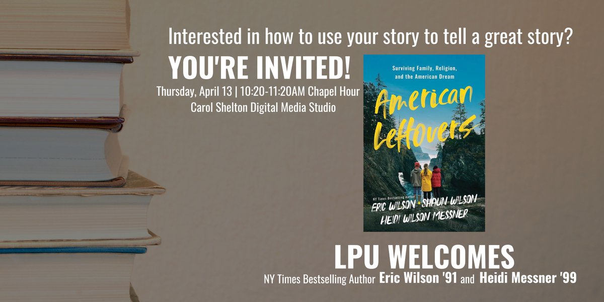 lifealumni_'s tweet photo. We are a week away from LPU Welcoming NY Times Bestselling Author Eric Wilson '91 &amp; Heidi Messner '99!
Learn the process of writing, how to secure a book deal, working on movie scripts, &amp; hear about their latest book, "American Leftovers". https://t.co/DCACoapkH6
