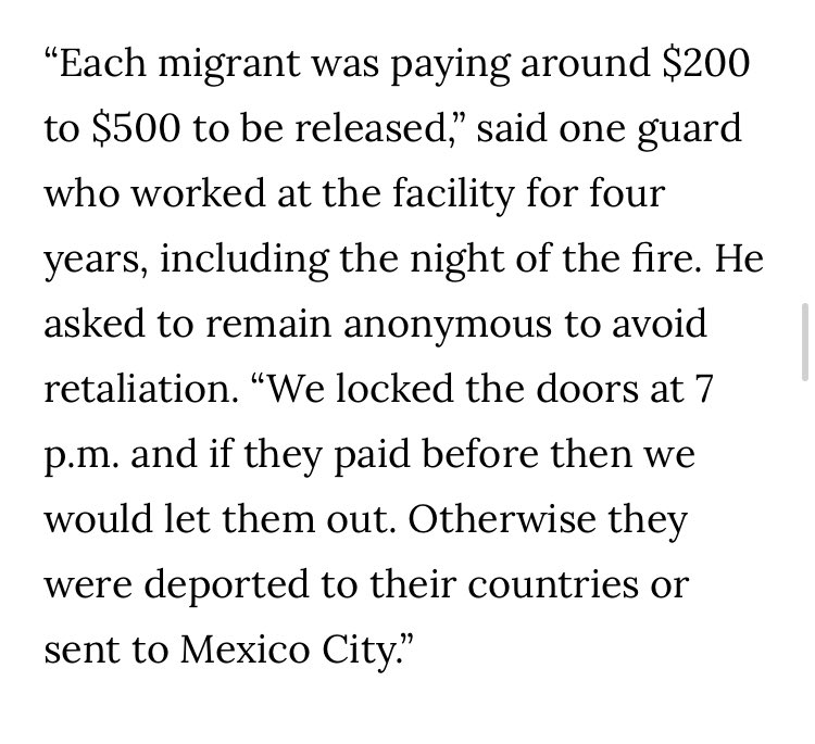ReichlinMelnick's tweet photo. Wow! 🚨Two guards at the Mexican detention center where 40 people died confirm that those who were locked up on the day of the tragedy were those who couldn’t (or wouldn’t) pay a bribe to be let out.

Another way in which US deterrence policies fuel corruption in Mexico. https://t.co/iM5MqUQhZl