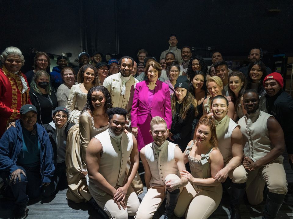 HennepinArts's tweet image. Last night, we hosted @SenAmyKlobuchar at The Orpheum!

The senator visited with our board and @HamiltonMusical cast members before a powerful curtain speech. Klobuchar discussed her work on the #SaveOurStages Act and the importance of #Hamilton's story to a standing ovation!