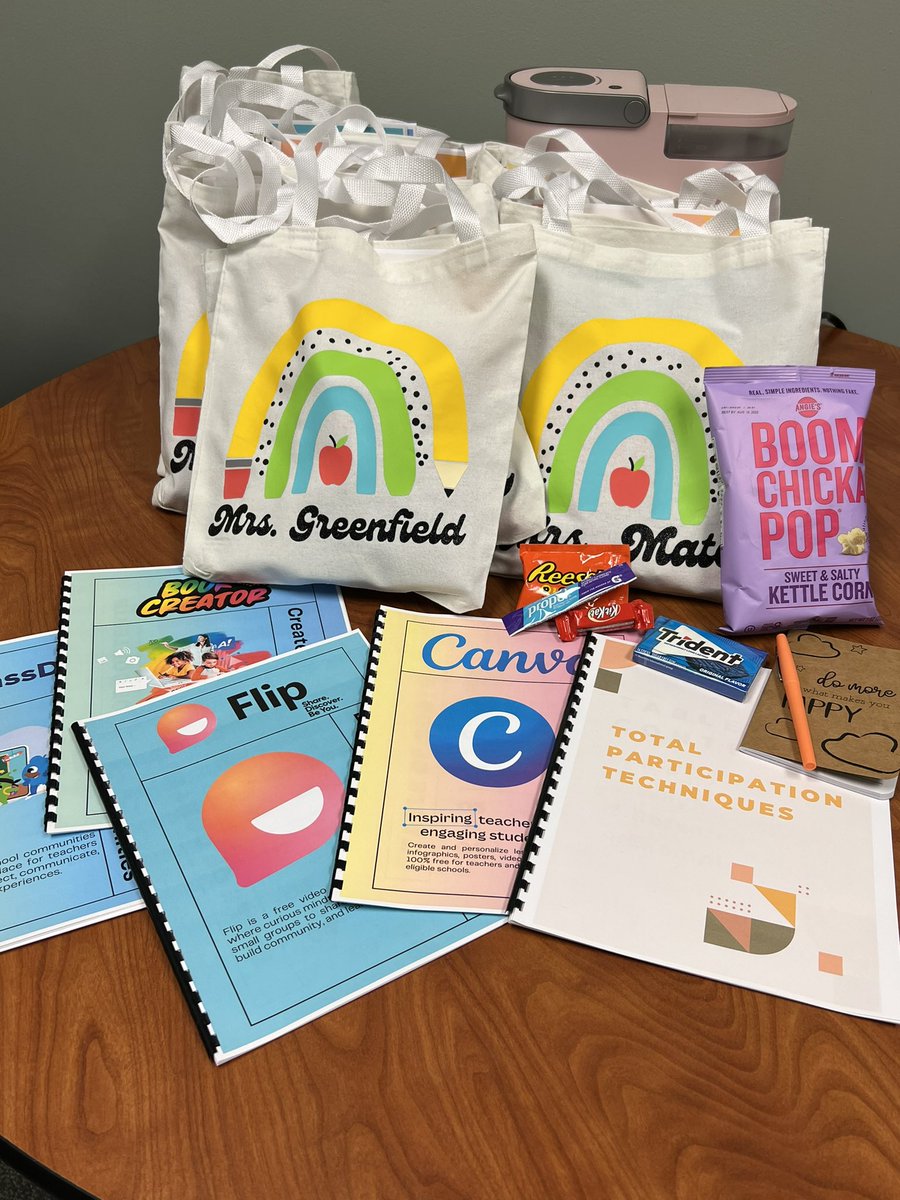 Teacher PD in a tote! We’re getting our tech on and learning a few new instructional strategies. I can’t wait to delivery them to our teachers! #vikingvision <a href="/canva/">Canva</a> <a href="/BookCreatorApp/">Book Creator Team</a> <a href="/MicrosoftFlip/">Flip</a> <a href="/ClassDojo/">ClassDojo</a>