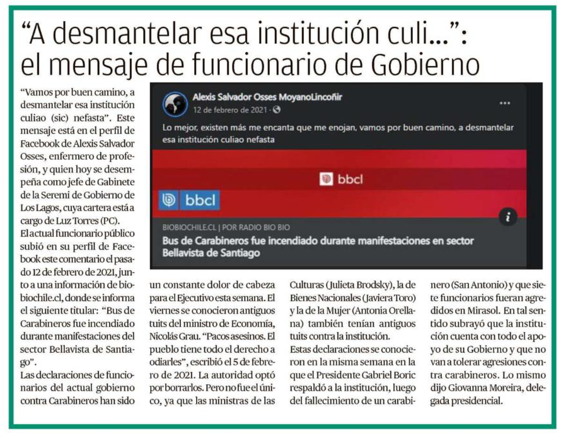 <a href="/camila_vallejo/">Camila Vallejo Dowling</a> Ministra <a href="/camila_vallejo/">Camila Vallejo Dowling</a> titular de <a href="/voceriagobierno/">Vocería de Gobierno de Chile</a> si de verdad respeta y solidariza con <a href="/Carabdechile/">Carabineros de Chile</a>  tomaría medidas frente a comentarios que funcionarios  de su cartera emitieron insultando en el pasado, como este del jefe de gabinete de <a href="/VoceriaLosLagos/">Vocería Los Lagos</a> #PuertoMontt