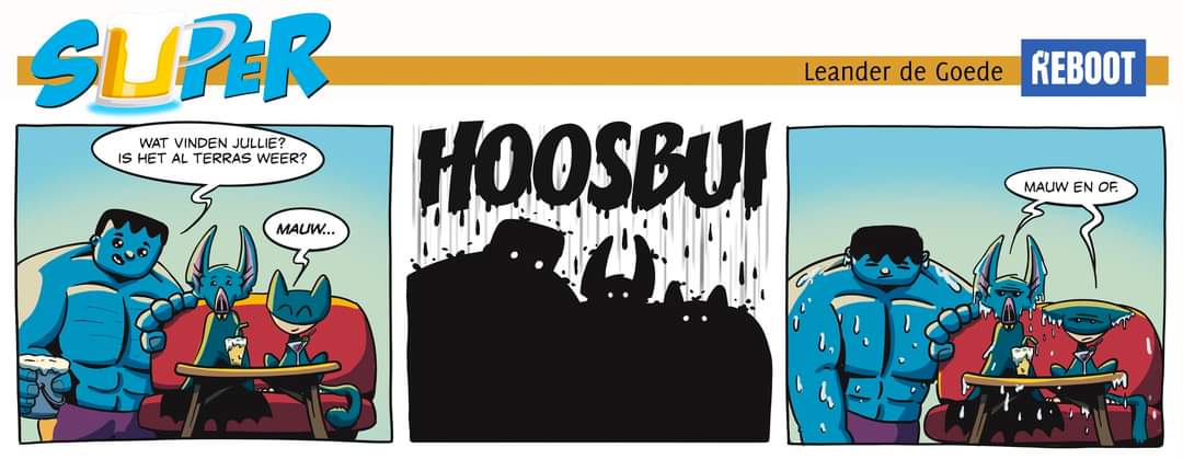 LeanderdeG's tweet photo. Weertje? Je moet toch wat, als de zon tevoorschijn komt.
#SUPER #strips #lente #zon #terrasje #biertje #humor #hoosbui #regen #vleerman #bulk #kattenvrouwtje https://t.co/SaTpHhK8oc