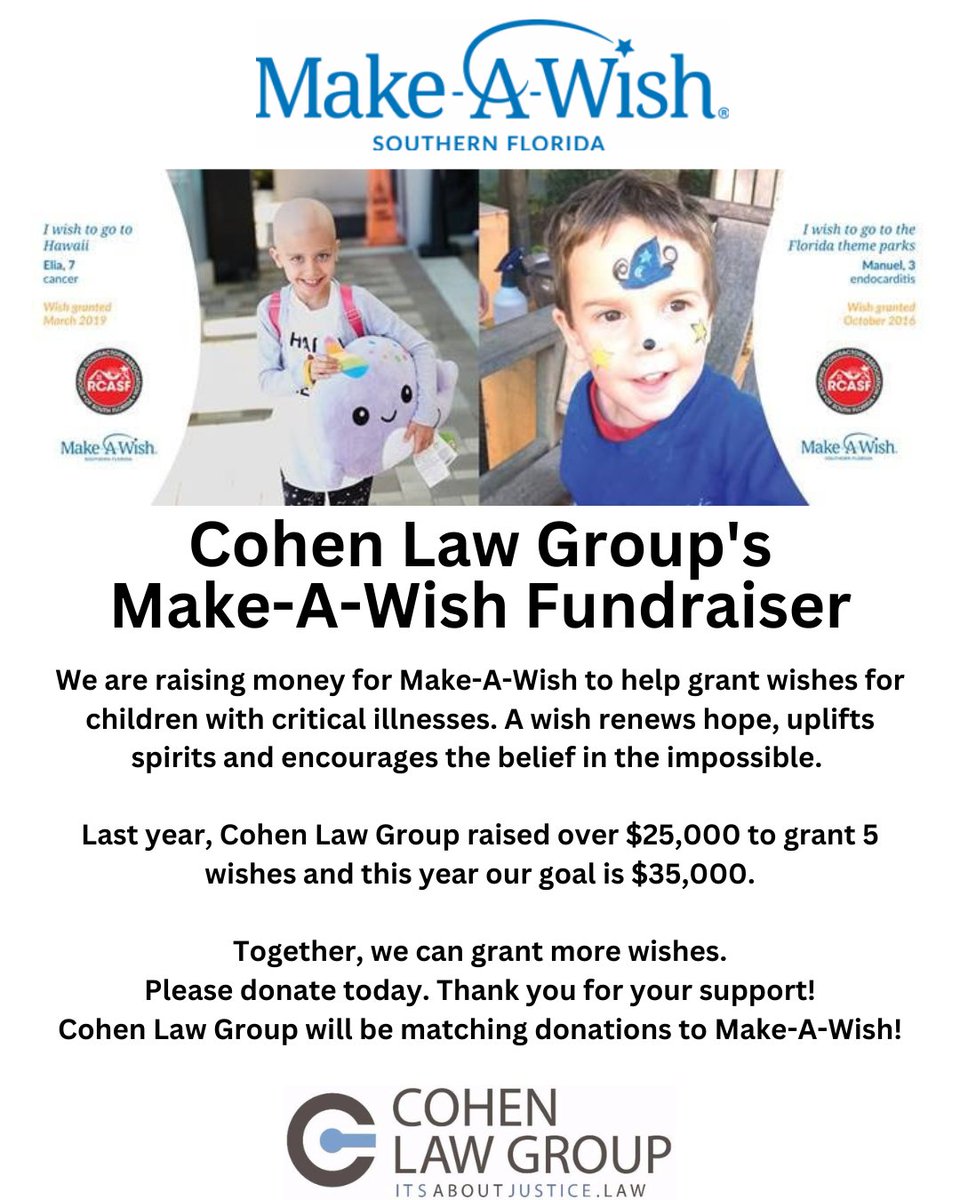 We are raising money for children with critical illness to have their dreams come true with Make-A-Wish. 💙🤍 #makeawish #cohenlawgroup #fundraiser Visit the link below to uplift spirits and encourage the belief in the impossible:
secure2.wish.org/site/TR/WishYo…