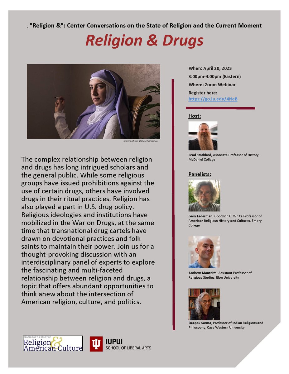 csraac's tweet photo. Registration is now open for "Religion &amp; Drugs"! Host  @bradstoddard and panelists @garyladerman, Andrew Monteith, and Deepak Sarma will explore the fascinating and multi-faceted relationship between religion  and drugs. https://t.co/mHiHkt1srx https://t.co/yWWrNjvuI4
