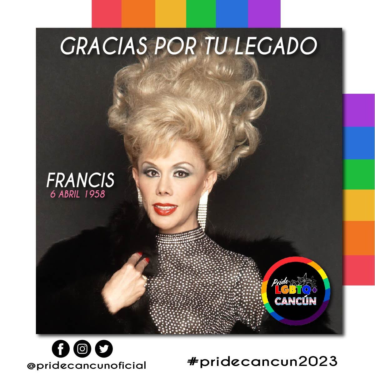6 de abril de 1958 nace un artista que vino adelantado a su época creando un espectáculo llamado El show de Francis. Durante quince años, su show travesti abarrotó la taquilla del Teatro Blanquita de la capital mexicana. 
#pridecancun2023 
#Marchadelorgullo 
#ShowTravesti