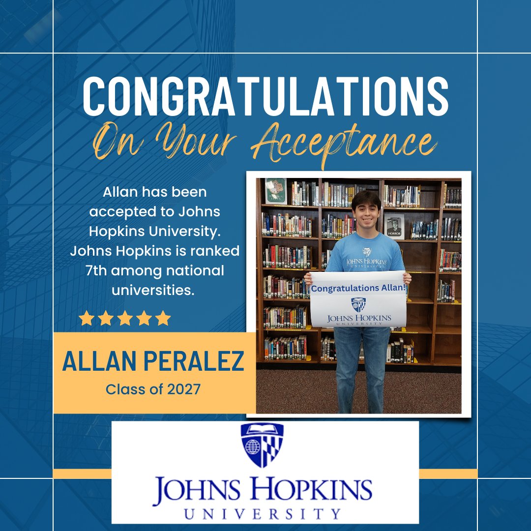 A HUGE CONGRATULATIONS to <a href="/losfresnoshigh/">Los Fresnos High</a> senior, Allan Peralez on his ACCEPTANCE to <a href="/JohnsHopkins/">Johns Hopkins University</a>! Wishing you the best in your future endeavors! Forever a FALCON, now a Blue Jay! <a href="/a_peralez1/">allan peralez</a> <a href="/LFHSCounselors/">LFHS Counseling Dept</a> <a href="/LosFresnosCISD/">Los Fresnos CISD</a>