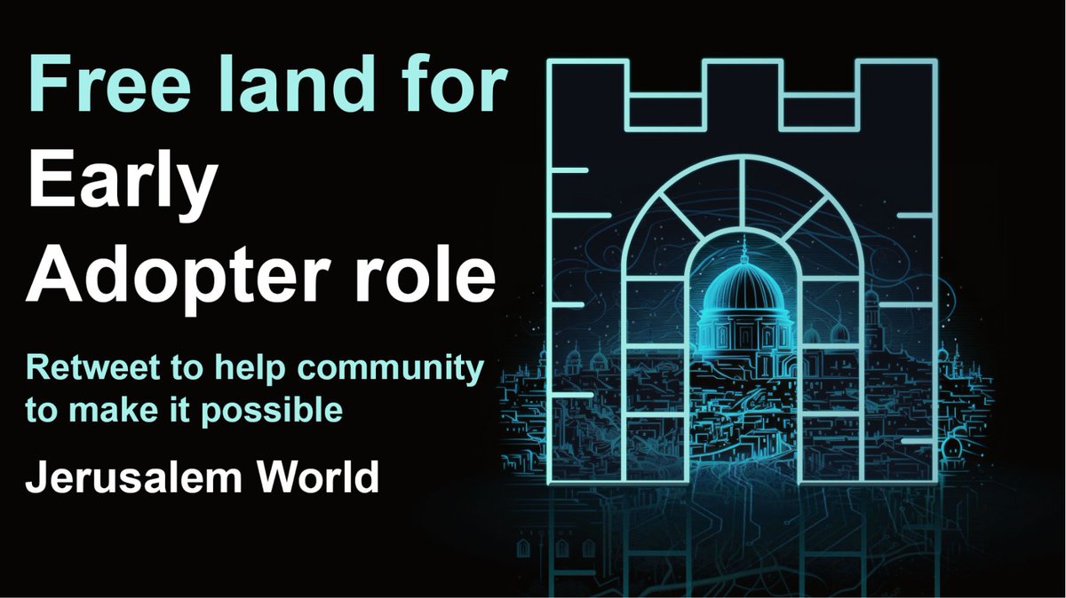 🚨 JERUSALEM WORLD LAND - FREE MINT FOR EARLY ADOPTERS 🚨

- Retweet to mint for free for Early Adopters(0 Eth, just gas)

- If this tweet gets 1,000 retweets before April 12, then there will be special lands for Early Adopters to mint for free.

Discord: discord.gg/BN7P7XCdke