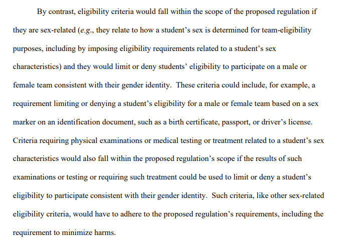 Biden just betrayed the trans community.

Biden allows trans athlete bans if it is "important to achieving an educational objective" and "minimizes harms to the athlete"

Specifically, allows bans that:
- Use gender markers
- Use physical exams
- Other "sex-related criteria"