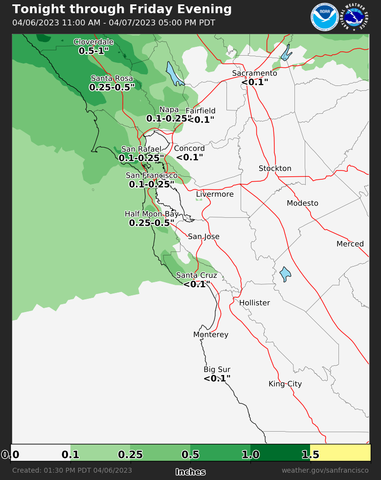 The latest forecast update keeps most of the rain in the North Bay for tonight and tomorrow. The farther south and east you are, the less rain you're going to see. #CAwx