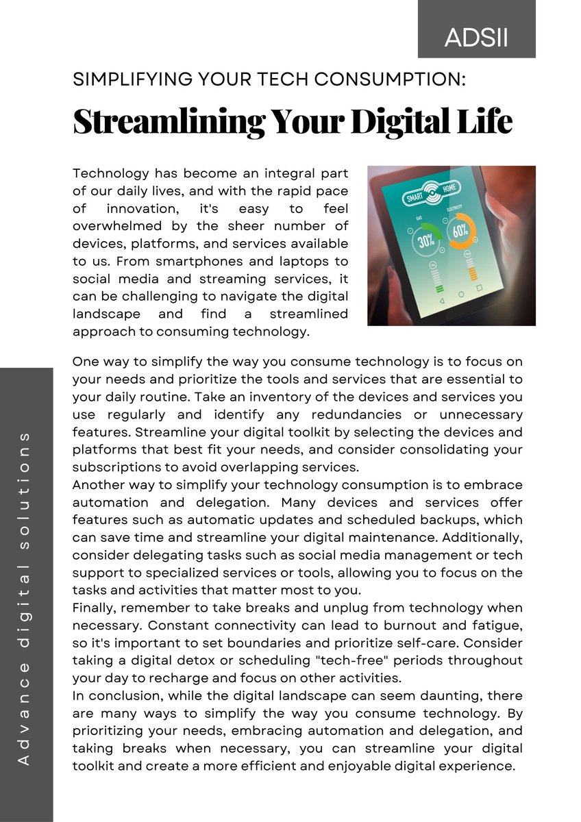 Adsii_dot_com's tweet image. Simplify your digital life! Focus on your essential devices & services, delegate tasks to save time, and take breaks when needed. Streamline, automate, and enjoy a more efficient #DigitalExperience!
#TechSimplify #DigitalMinimalism #StreamlineYourLife