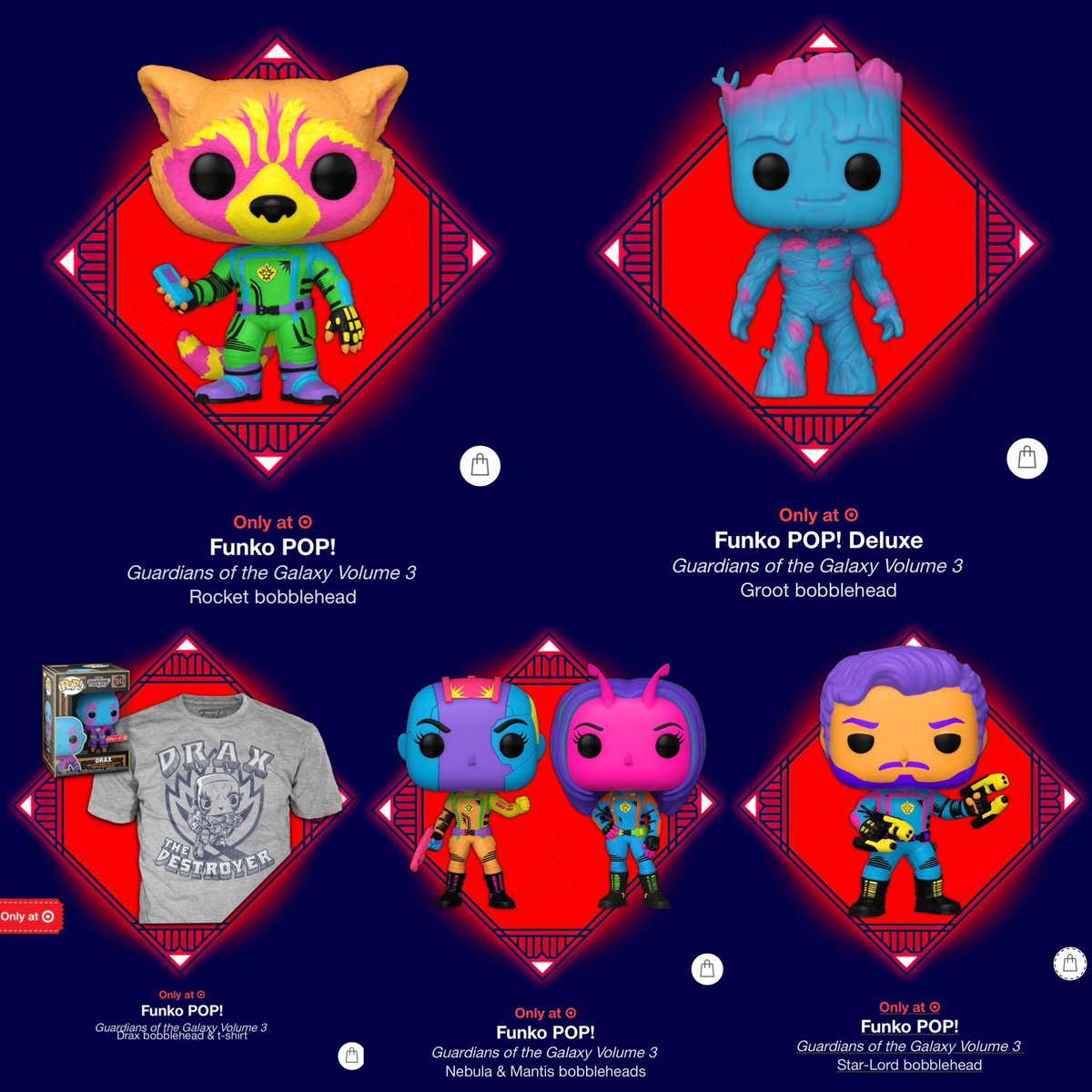 DisTrackers's tweet photo. Target exclusive Miles Morales & Guardians of the Galaxy Blacklight Pops are hitting stores! Miles and Rocket are not street dated. The rest are street dated for Monday, 4/10.
#Ad #Marvel #SpiderMan #guardiansofthegalaxy 
.
Item # info - 
Miles - https://t.co/Prgo8Kfydm
10” Spider-Man - https://t.co/uAvNBQ8FdU
Star-Lord - https://t.co/OSlpFm3rZW
Groot - https://t.co/UyKBtwyRgp
Nebul & Mantis - https://t.co/x7OkphkPvQ
Rocket - https://t.co/8LYTgIqr4b
Drax:
M - https://t.co/oRCMs2hGoC
L - https://t.co/YH9nTD0ovd
XL - https://t.co/m2GgIec6gw
XXL - https://t.co/XRVkkXfnPC