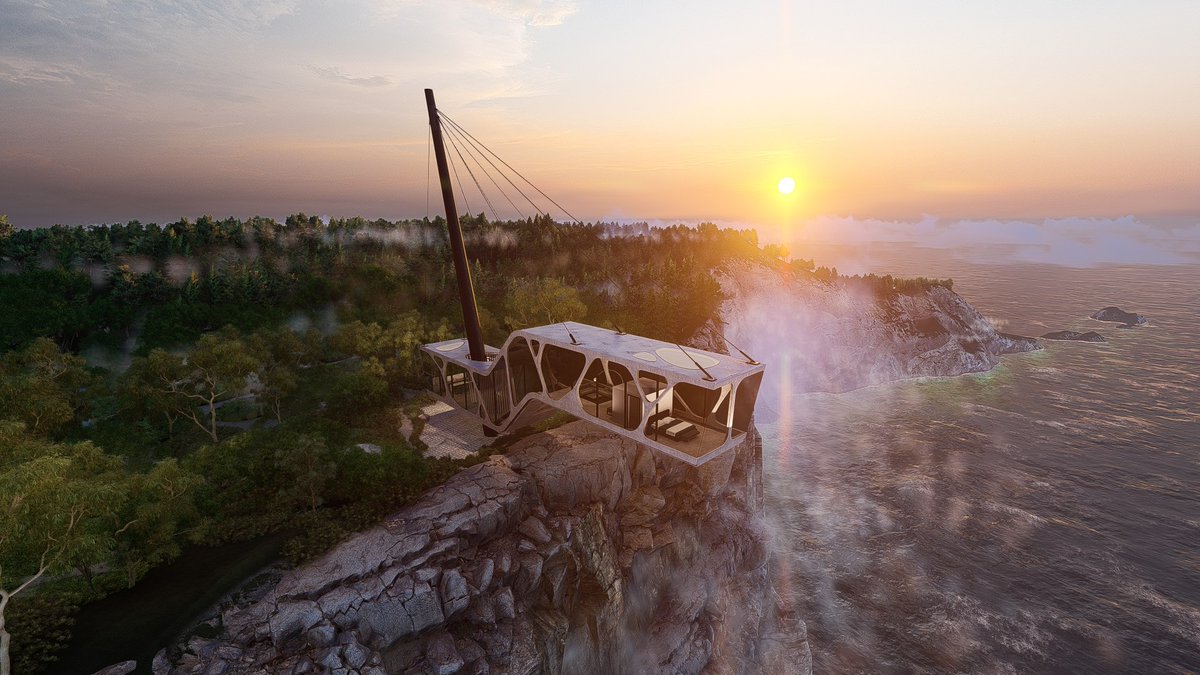A creative #3D concept of a cantilever house on a cliff facing the ocean. Designed by architect Ala Sawan and available for sale on TurboSquid. bit.ly/40rwu8U