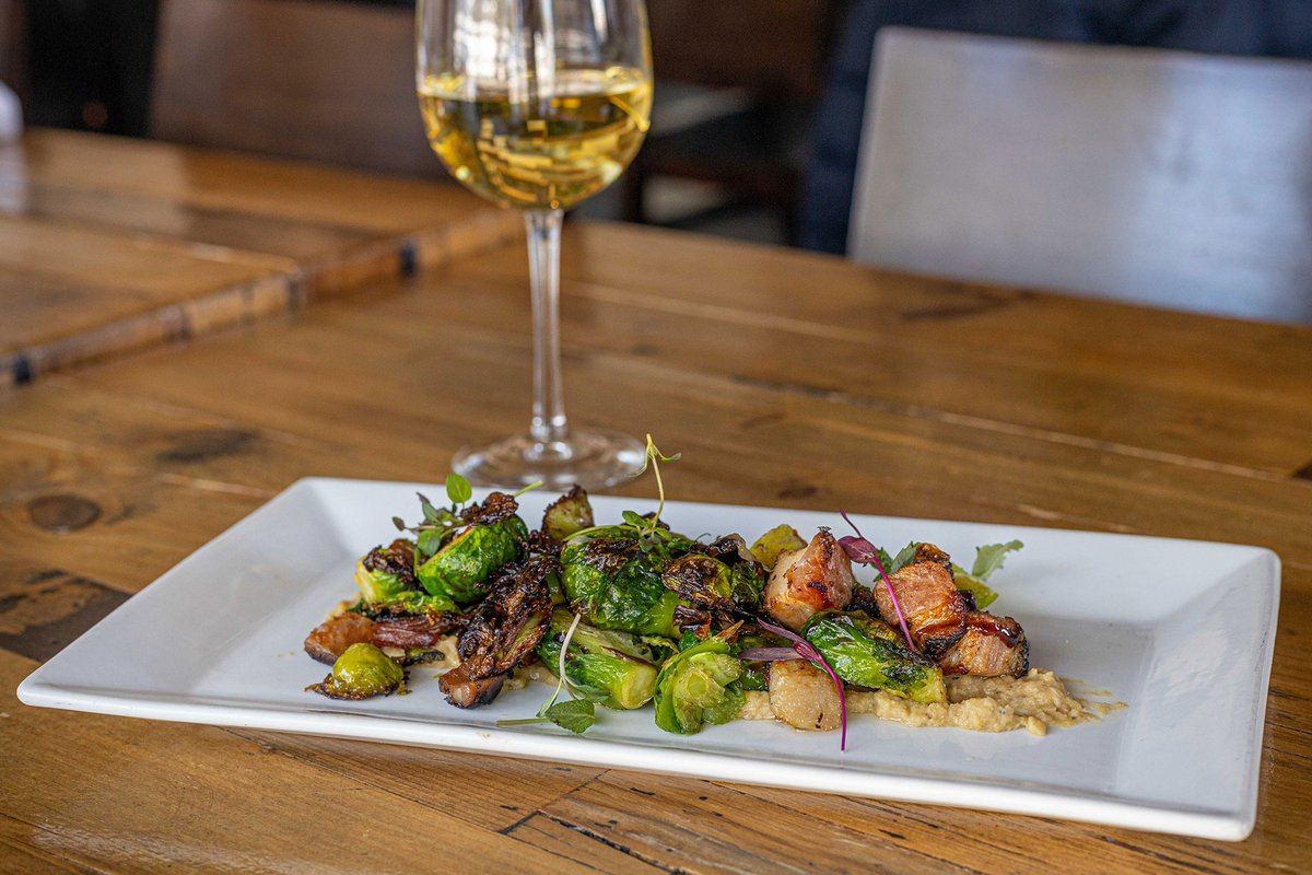 Timberwoodfire's tweet photo. Brussels Sprouts. (GF) Roasted chicken stock, artichoke and chickpea puree, pork belly, garlic butter, black garlic molasses. May be made vegetarian https://t.co/trbS4vTqcT