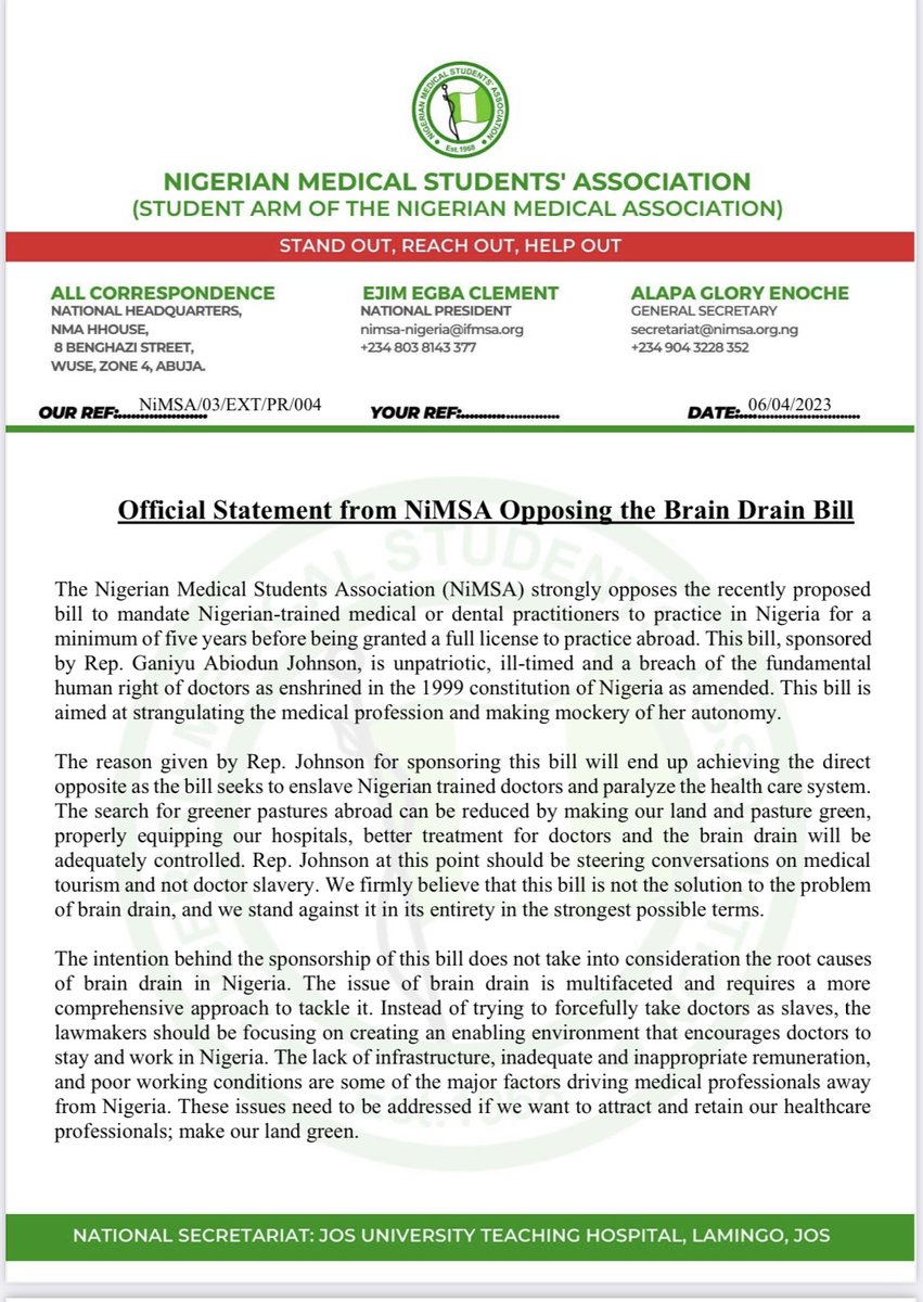 NiMSA_Nigeria's tweet image. Official Statement from NiMSA Opposing the Brain Drain Bill

The Nigerian Medical Students&apos; Association @NiMSA_Nigeria  strongly opposes the recently proposed bill to mandate Nigerian-trained medical or dental practitioners to practice in Nigeria for a minimum of five years.....
