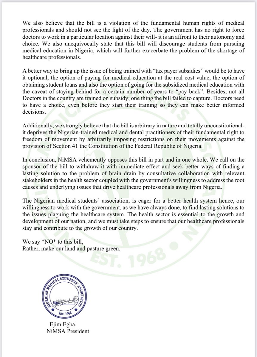 NiMSA_Nigeria's tweet image. Official Statement from NiMSA Opposing the Brain Drain Bill

The Nigerian Medical Students&apos; Association @NiMSA_Nigeria  strongly opposes the recently proposed bill to mandate Nigerian-trained medical or dental practitioners to practice in Nigeria for a minimum of five years.....