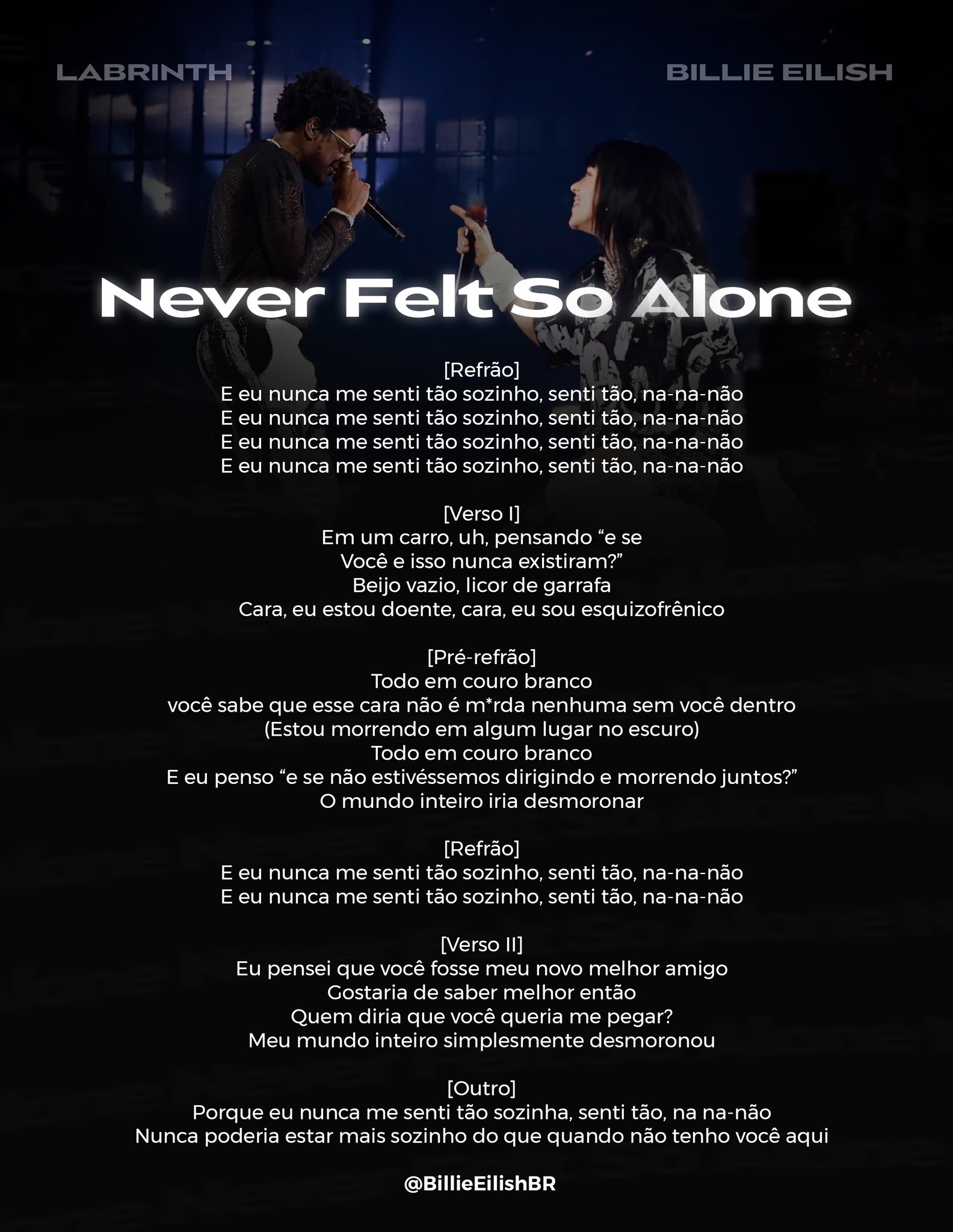 Billie Eilish Brasil on X: 🚨CONFIRA a tradução de “Never Felt So Alone”,  de Labrinth, com participação de Billie Eilish. A canção sai à meia-noite.  ❤️‍🔥  / X