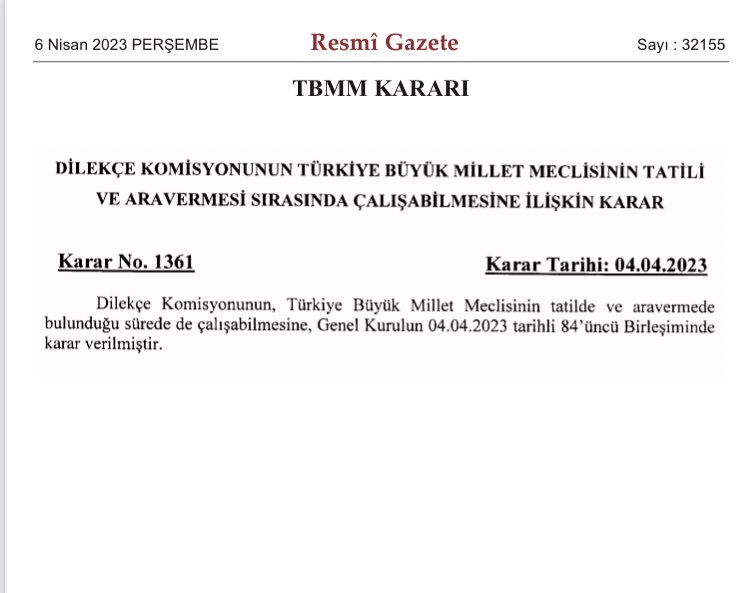 #TBMM'nin kapanması nedeniyle

Ancak;

📌04.04.2023 tarihli karar ile #TBMM uygun gördüğü hallerde yeniden toplanabilir.

NOT: Cumhurbaşkanı KHK yetkisini de unutmayalım. 
#MemurunGozuMecliste #TaseronKadroya #EMADDER #UzmanCavusaMuejde #EhliyetAffi #AsmGrupElemanınaKadro