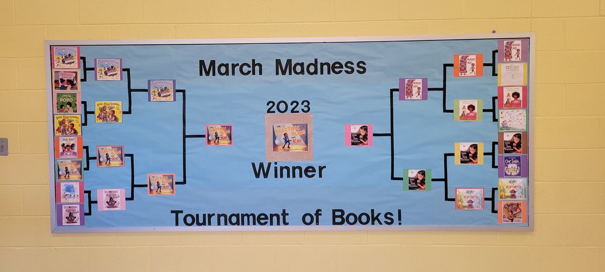 CopasSPESLibary's tweet photo. The Electric Slide and Kai won our March Madness contest! Students enjoyed watching the videos our staff recorded of themselves reading the books and then voting their favorite stories😁 @SpotswoodElem https://t.co/u0XNS01zbH