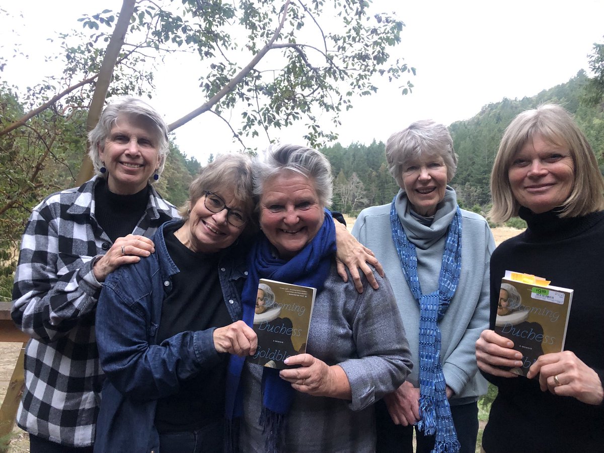 Greetings ⁦@duchessgoldblat⁩ from Vancouver Island in Canada! Our bookclub, (5/8 pals pictured here), more than enchanted with your ‘Becoming Duchess Goldblatt’ novel. We R close friends, & loved your inspiring messages & wit. I’m the only 1 on Twitter; hence fascinating.