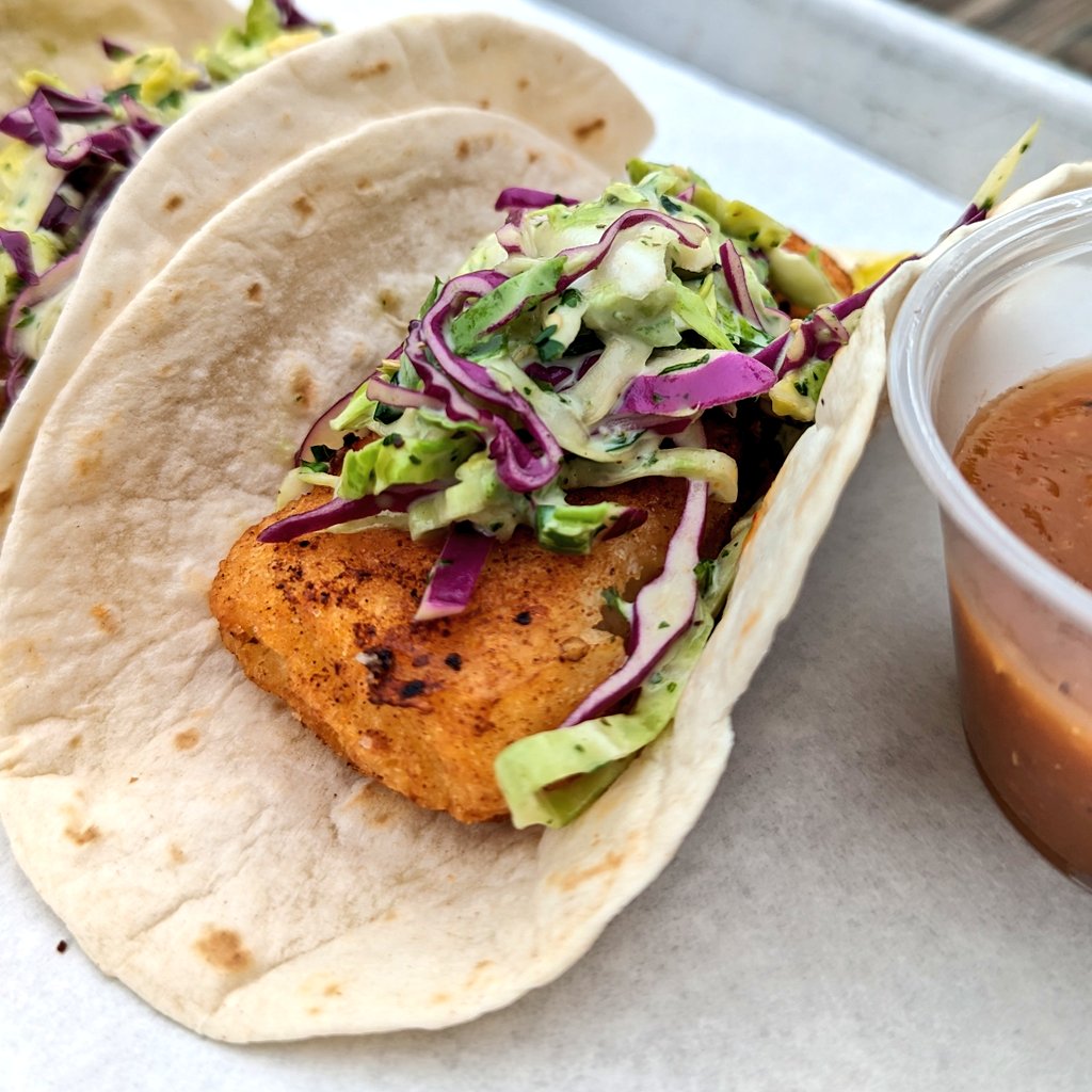 CIDER-BATTERED FISH TACOS
Crispy baked Seattle Cider Co hard cider-battered fish on flour tortillas (2) topped with avocado, jalapeño ranch slaw, and tomato. Served with a side of Mexican potatoes and our house roasted salsa.