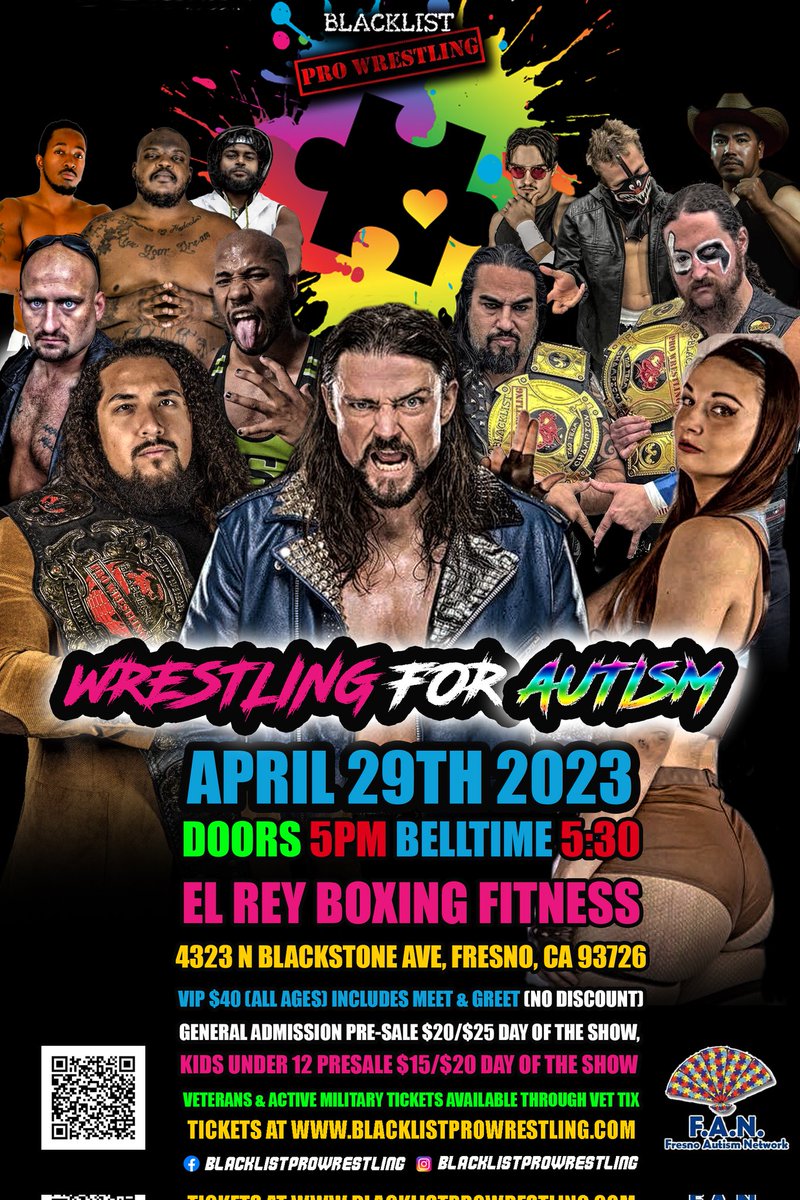 BlacklistPro's tweet photo. Wrestling for Autism LIVE April 29th, at El Rey Fitness Boxing 4323 N. Blackstone, partnered by Fresno Autism Network FAN and the Debute of #BrianKendrick #AutismAwarenessMonth #fundraiser #fresno #wwe  #ImpactWrestling @CityofFresno 
Tickets at https://t.co/ccvVkTWy7G https://t.co/mvHrJZ9IQd
