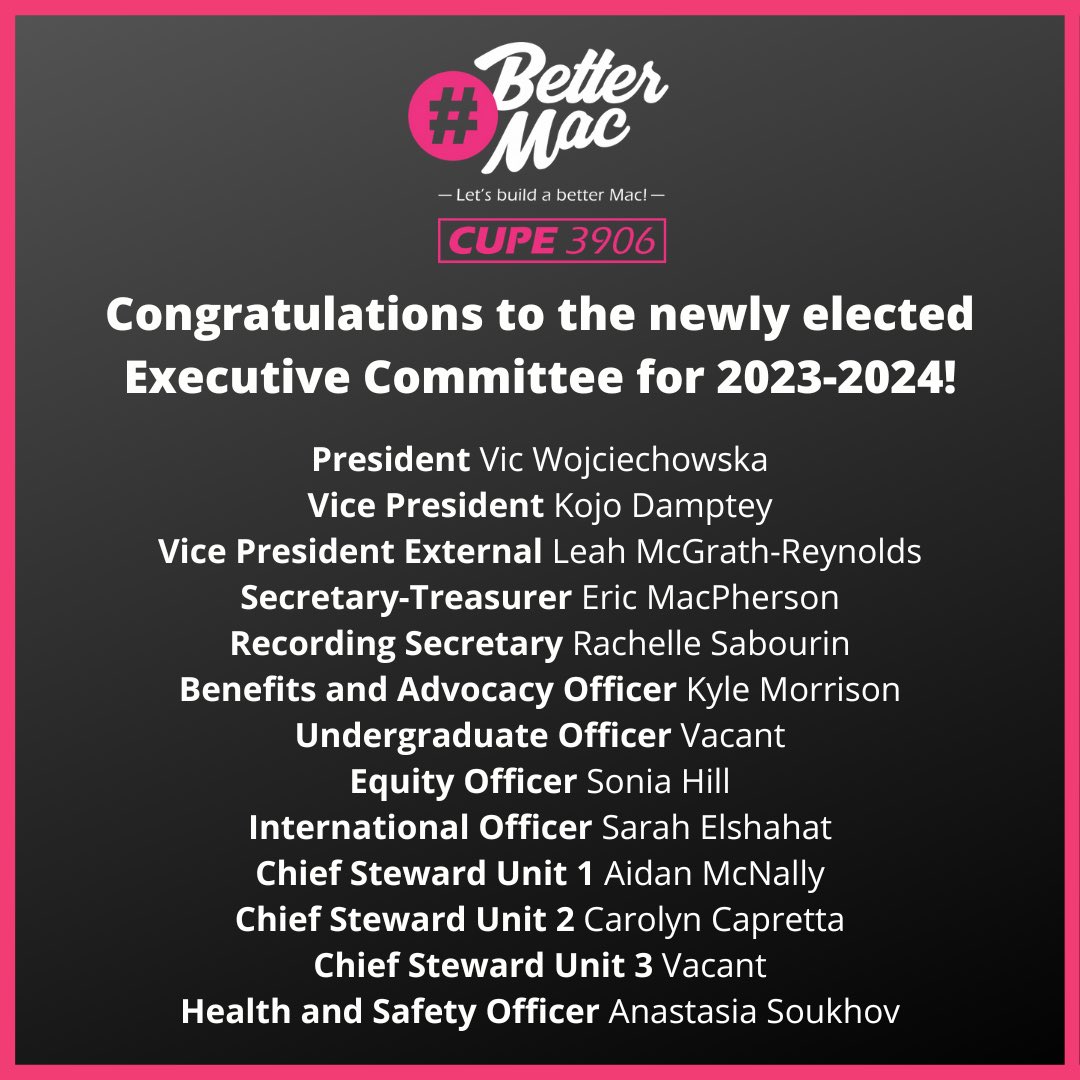 cupe_3906's tweet photo. Congratulations to the newly elected Executive Committee for 2023-2024!
#solidarity #bettermac https://t.co/0tC3bdrqwS