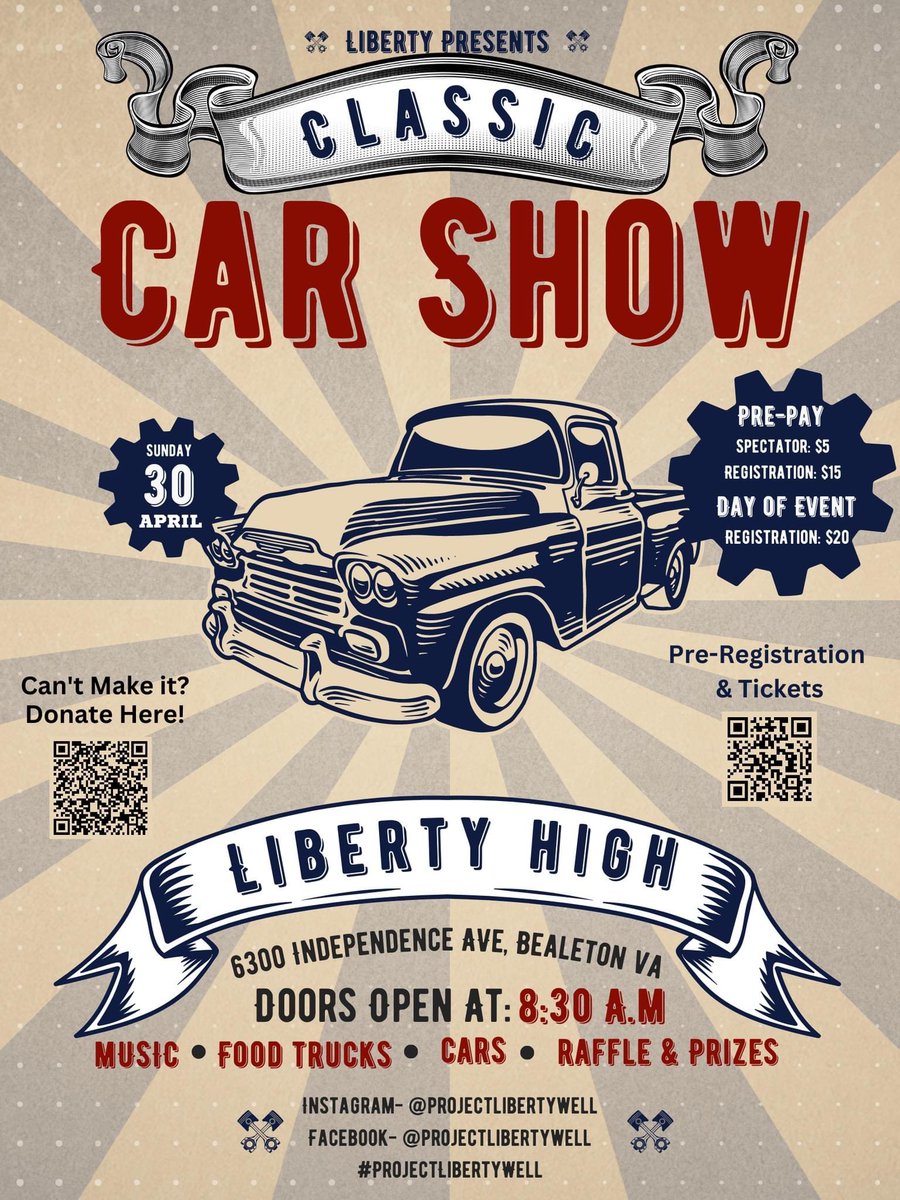P_LibertyWell23's tweet photo. Tickets are on sale now for the car show! You can also purchase tickets at the gate that day!

Food Trucks, 50/50 raffle, music, and of course cars!

Vote on your favorite to win the award of Crowd Favorite! #projectlibertywell #libertyhighschool 

https://t.co/nuFOjZFWhi https://t.co/NqAXWXFElZ