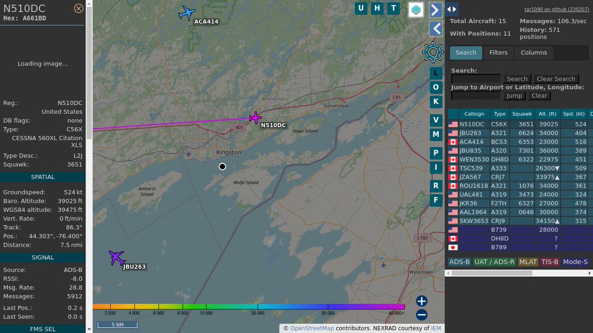 #N510DC N510DC Citation XLS Bowl New England Inc @ 39025 ft and 55.8° frm hrzn, heading E @ 967.1km/h 17:30:54 globe.adsbexchange.com/?icao=A661BD #WayTheHeckUpThere #FlyingFast #OverKingston #dump1090 #ADSB