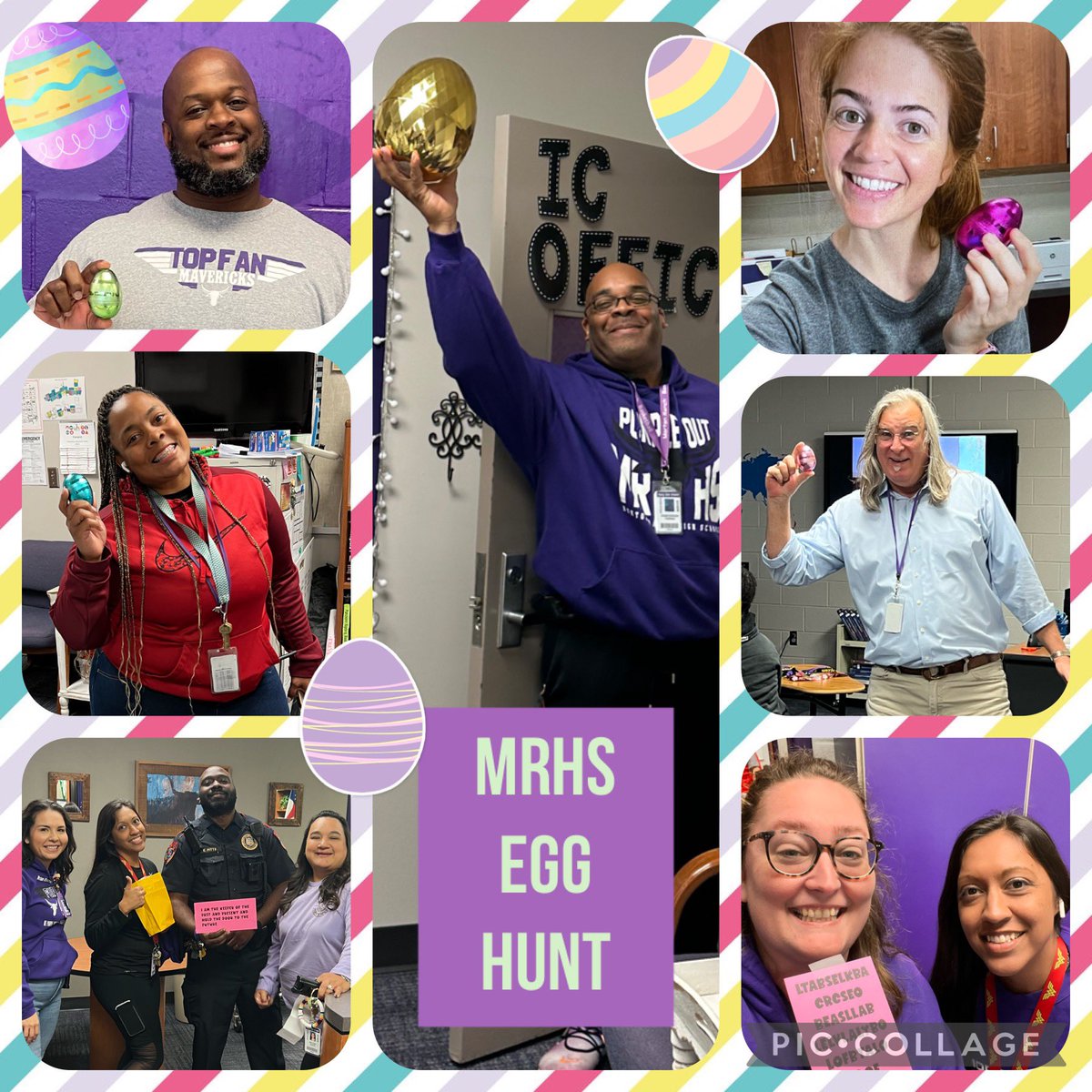 MRHS staff 🐇HOPPED TO IT 🐇 to find clues and hidden candy during our 2nd Annual Egg Hunt . Always hilarious. Always competitive. 💜🤘🏻Thank you to everyone that participated! @MRHSMavericks @ebmorris89 @mchernandez10 @CLReid20 #ilovemortonranch #mavsrock