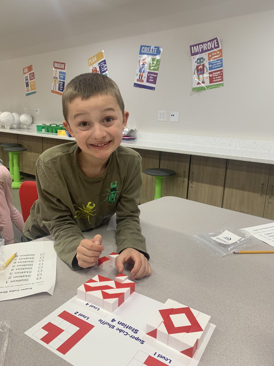 Today in Crazy 8s Math, students did the Super Cube Shuffle by creating different designs using cubes with triangles and squares. @BedtimeMath @brooklyn_stem @MSDMartinsville @ArtesiansUnited