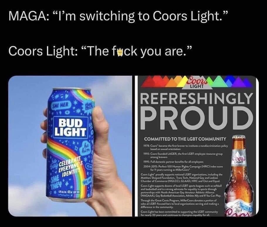 WarhammerWitch's tweet photo. And Miller owns Coors. Haha! Sucks for #MAGA idiots #Budlight #budlightboycott #MAGACult #staywoke #wokecompanies #supportLGBTQ https://t.co/3Cjx93omBk