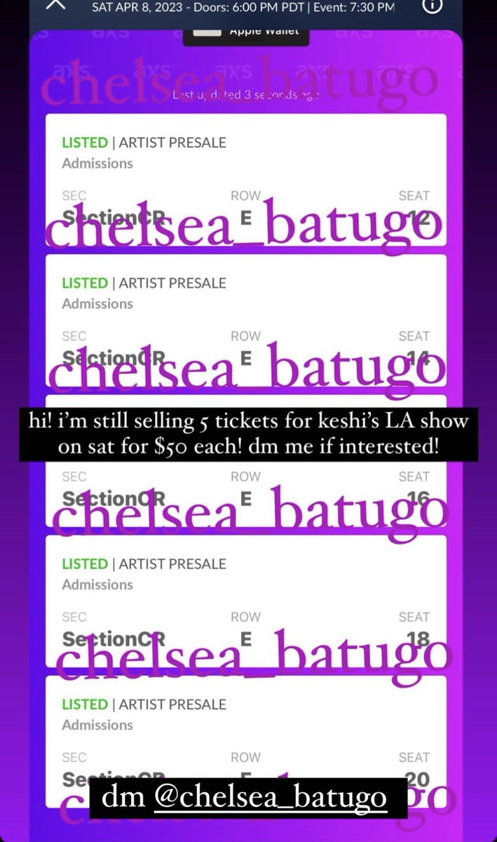 luvforkyo's tweet photo. wts 5 day 2 (april 8) keshi tickets at the greek theater in LA
my cousin is selling tickets, need them gone asap
below fv
dm her if interested! @chelsbatugs
#keshi #keshitour #keshitickets #wtskeshi #sellingtickets https://t.co/ZOLk9BPj5a