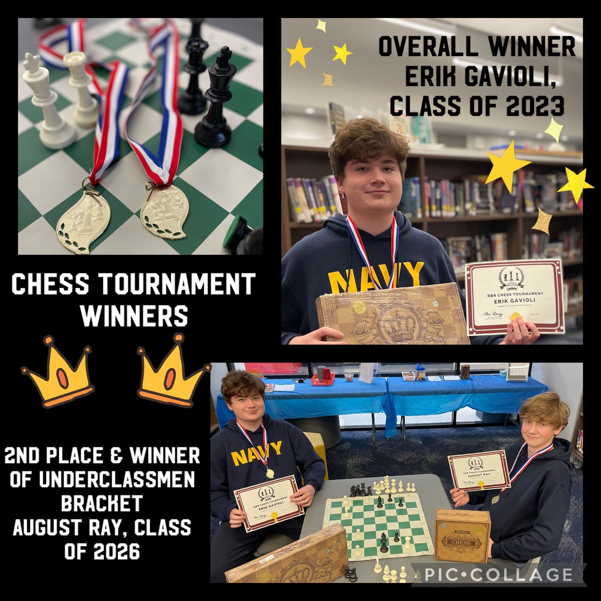 rbr_LibraryMC's tweet image. Congrats 🎉 to Chess Tournament winner Erik Gavioli, ‘23 &amp;amp; August Ray, ‘26 who won the underclassmen bracket, &amp;amp; Ray Jannuzzi, ‘24 in 3rd place. Thank you @RBRBBF for the medals &amp;amp; prizes.  32 amazing players of all abilities.  #rbrchess #chessplayers #chesstournament
