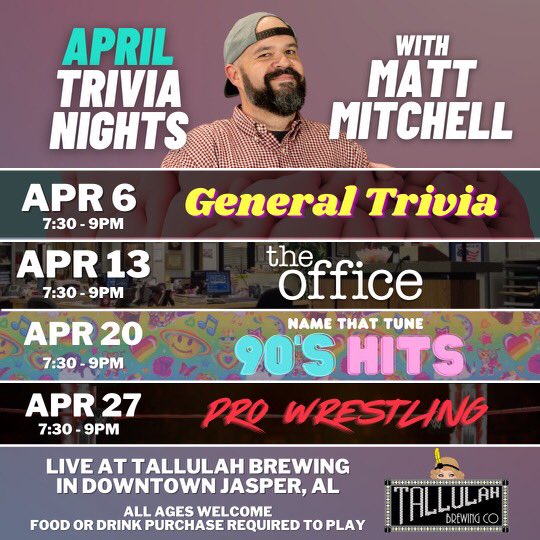 We planned your Thursday evening for you. <a href="/ALostrich/">Matt Mitchell</a>  is hosting trivia starting at 7:30!